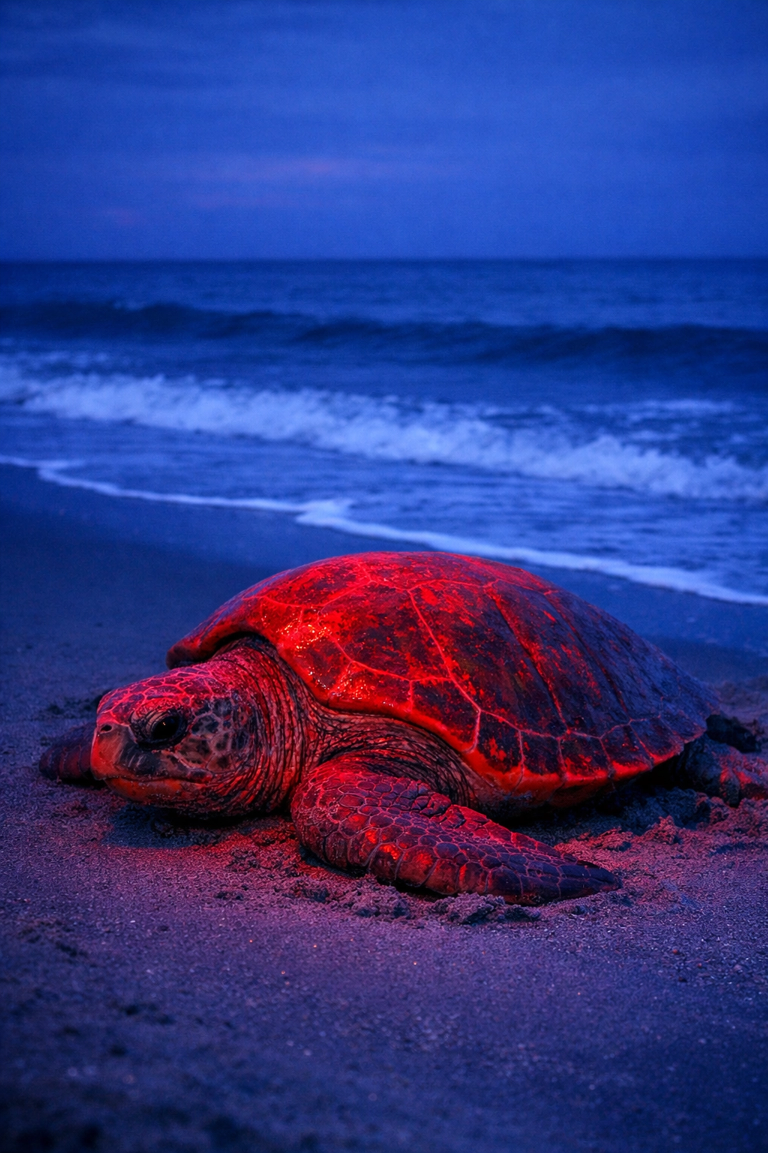 A Loggerhead sea turtle nesting on Cocoa Beach at night under turtle-safe red light.
