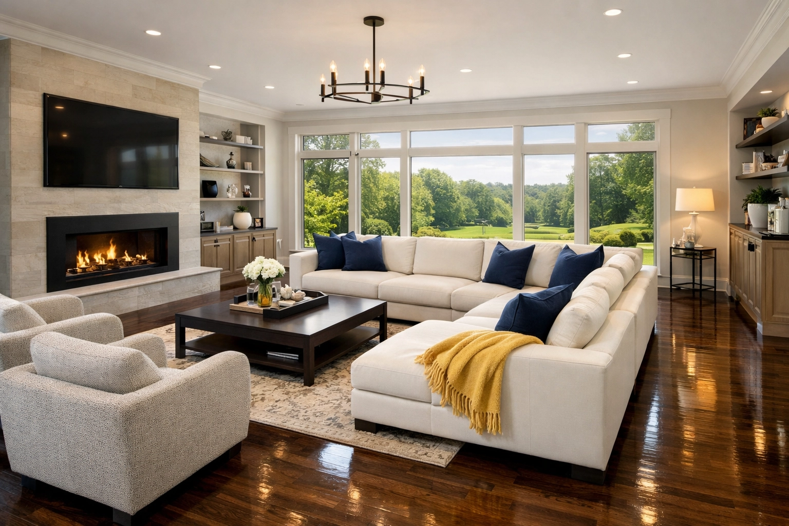 A dust-free contemporary living room in Massachusetts after a professional deep cleaning service in Westborough.