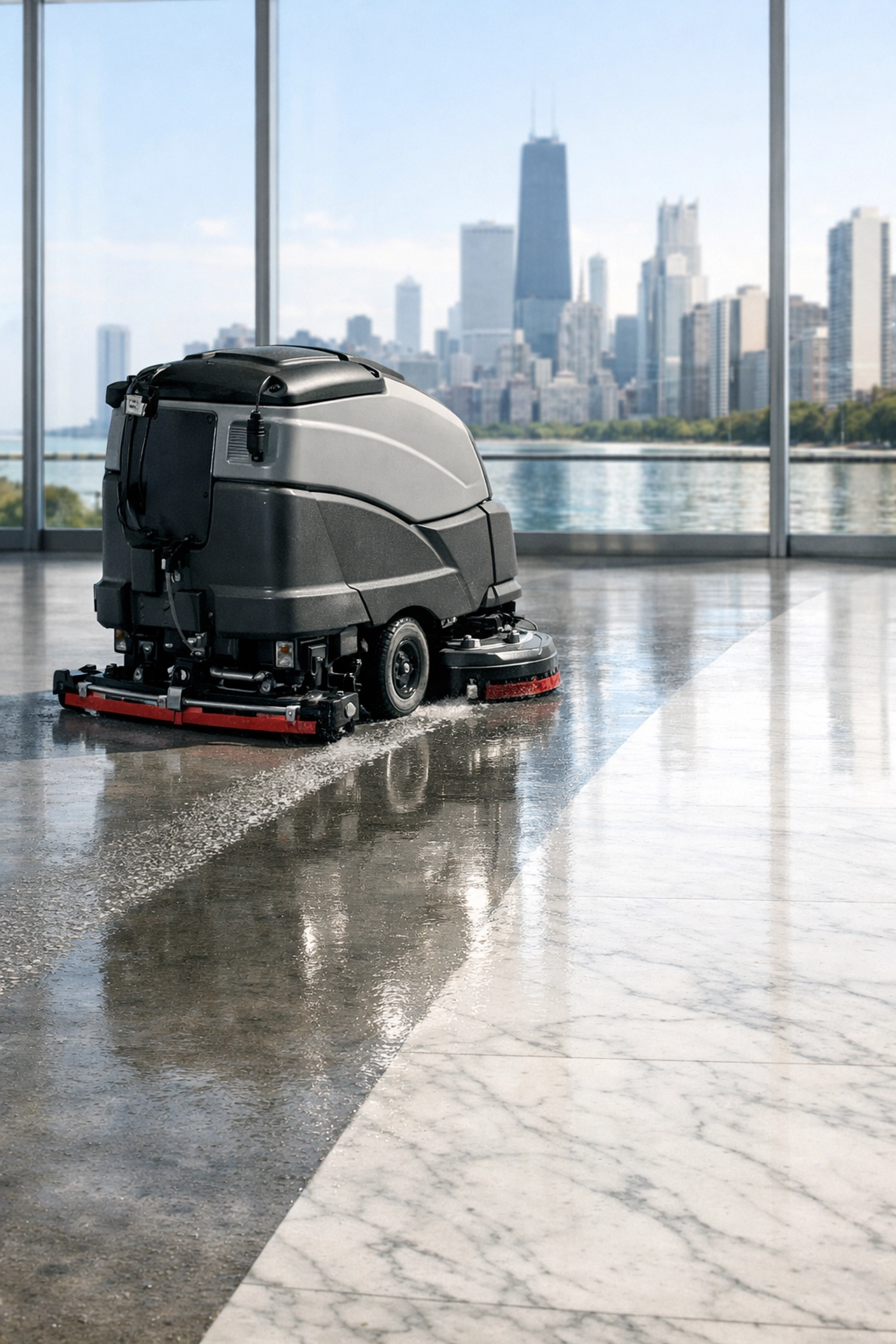 Industrial floor scrubber cleaning a polished marble lobby floor in a Chicago commercial office building.