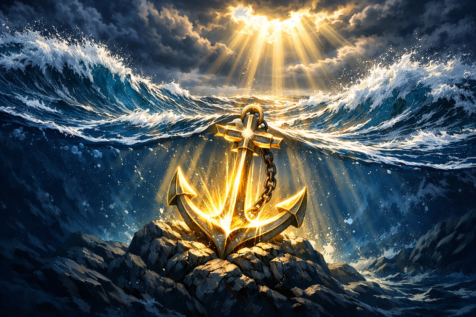 Glowing anchor firmly rooted in rock beneath stormy waves symbolizing faith stability