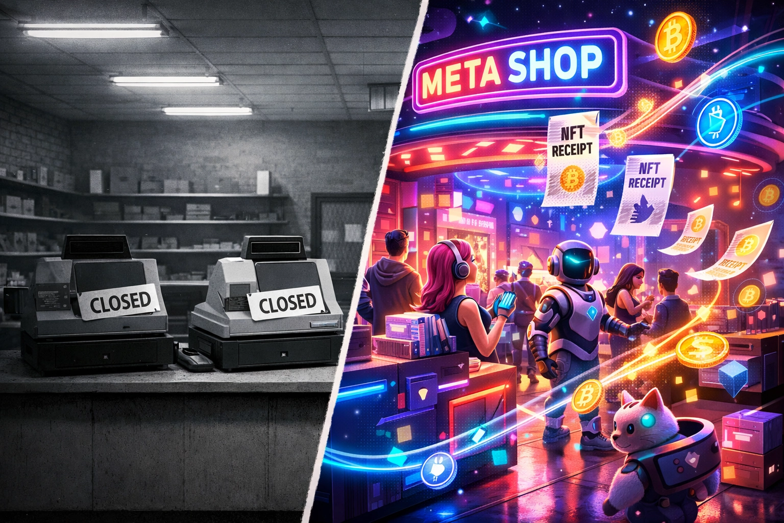 Traditional retail store compared to vibrant metaverse storefront with NFT receipts