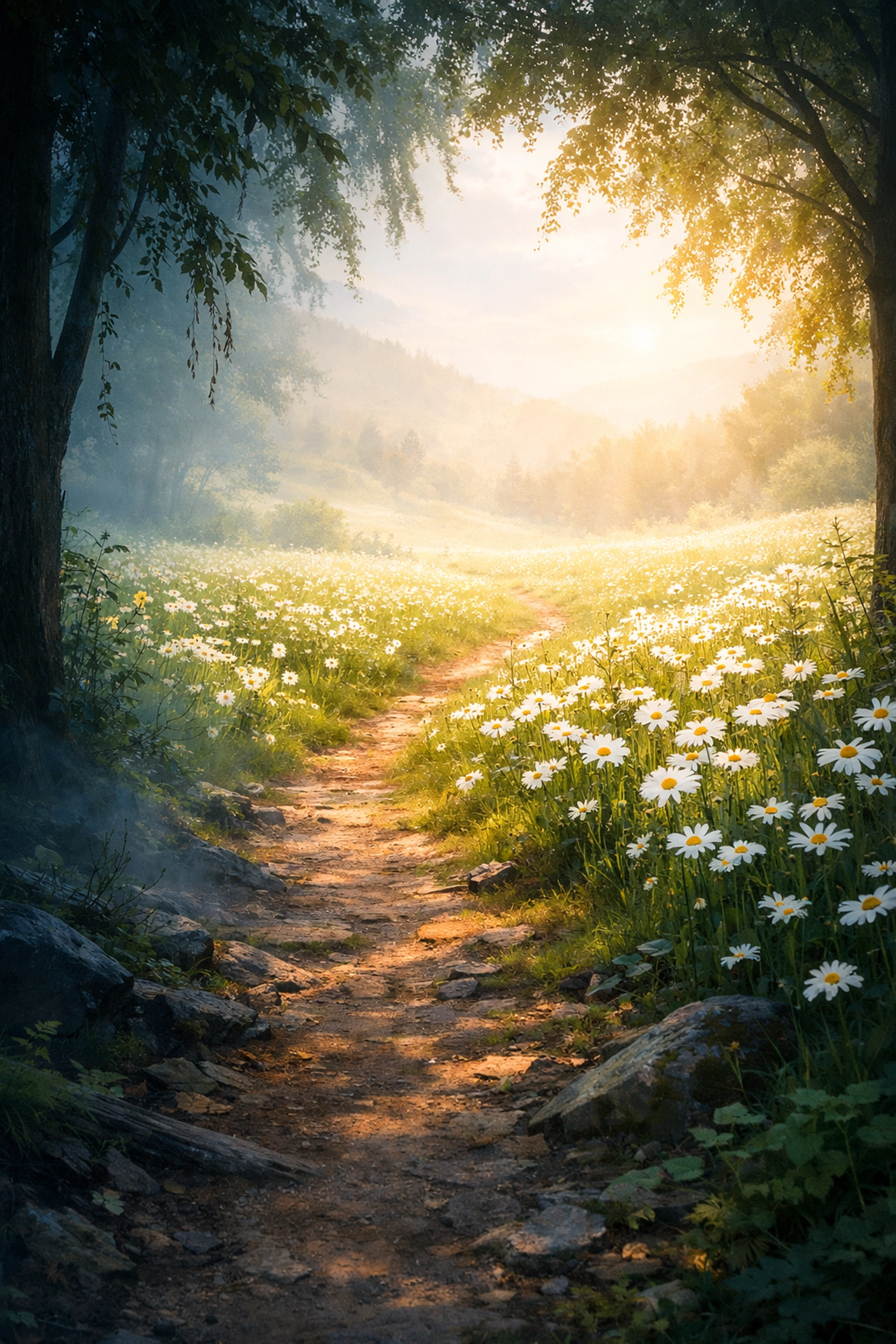 Transition from dark woods to a bright meadow symbolizing resurrection and the journey to God's mercy.