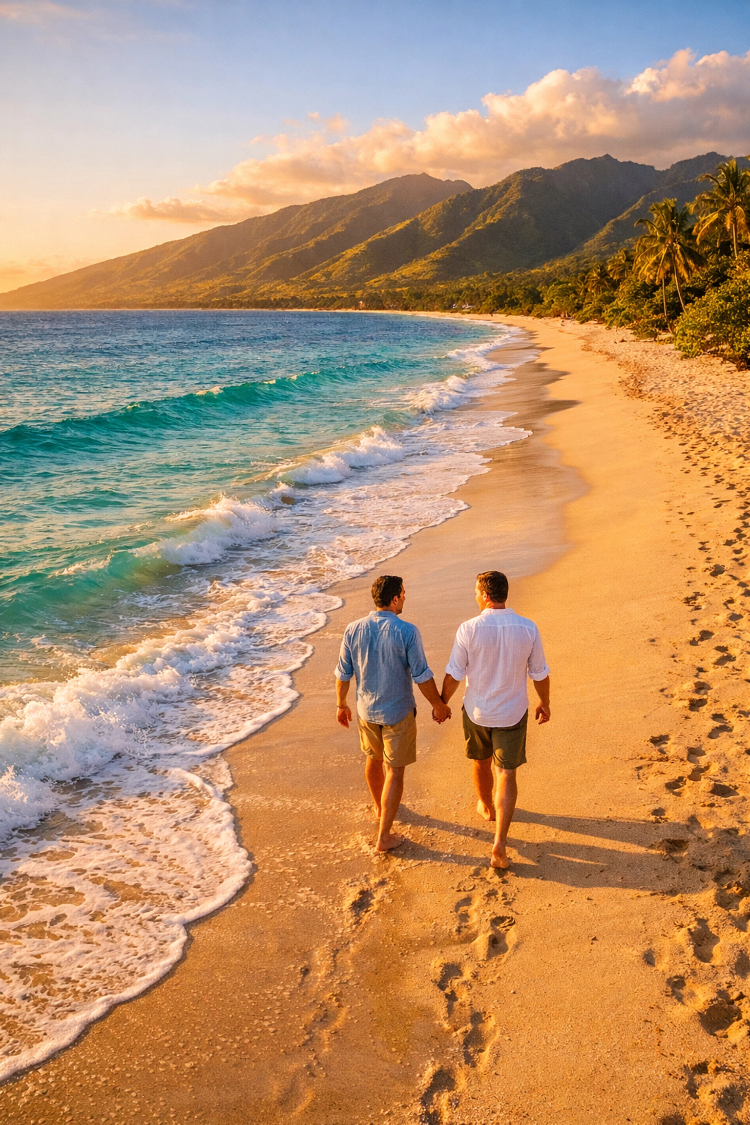 Gay couple holding hands on Maui beach at sunset during tropical honeymoon