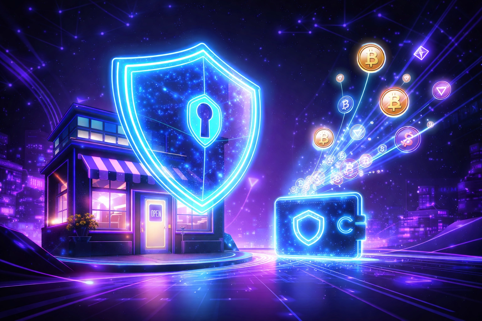 Digital shield protects merchant storefront while cryptocurrency symbols flow into a secure wallet, illustrating self-custody and merchant freedom with Web3 global payments.
