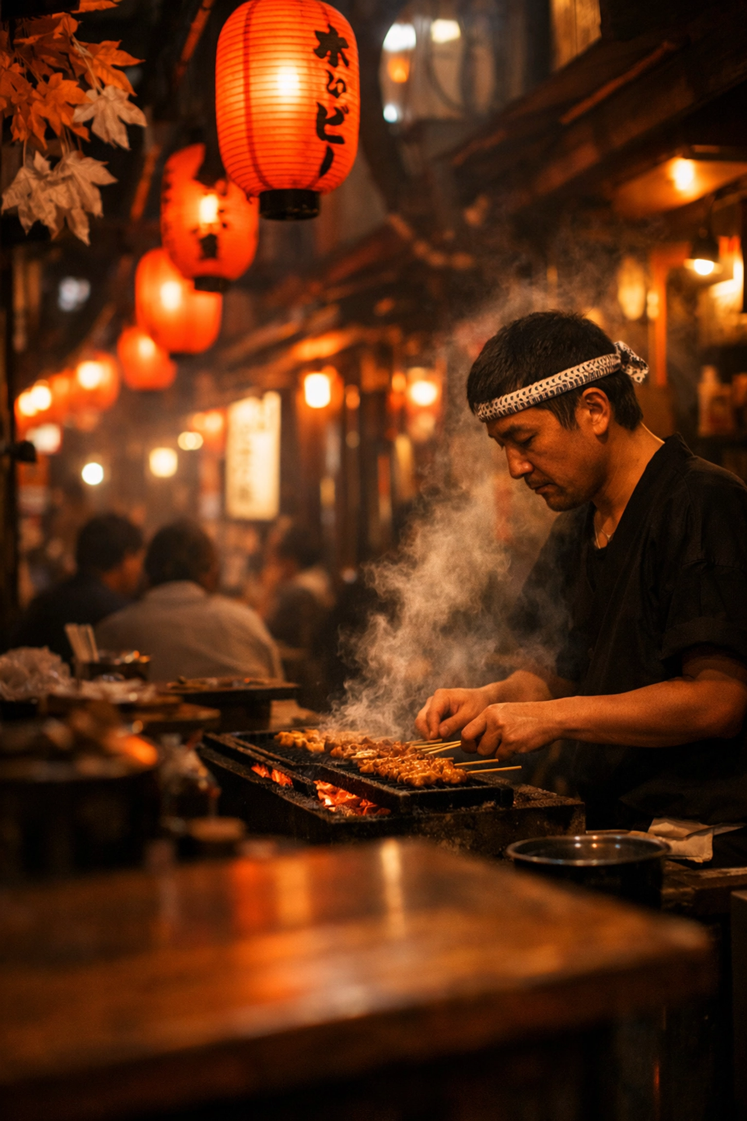 Chef grilling yakitori in the atmospheric Omoide Yokocho alley, a top Shinjuku photography location.