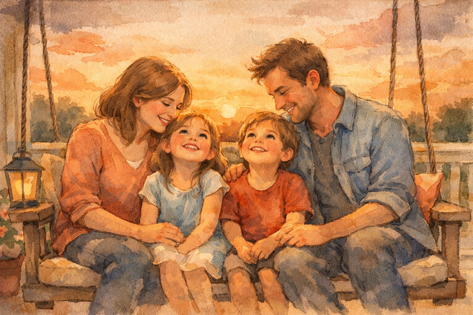 A happy family sitting on a porch swing together, illustrating security and Christian connection.