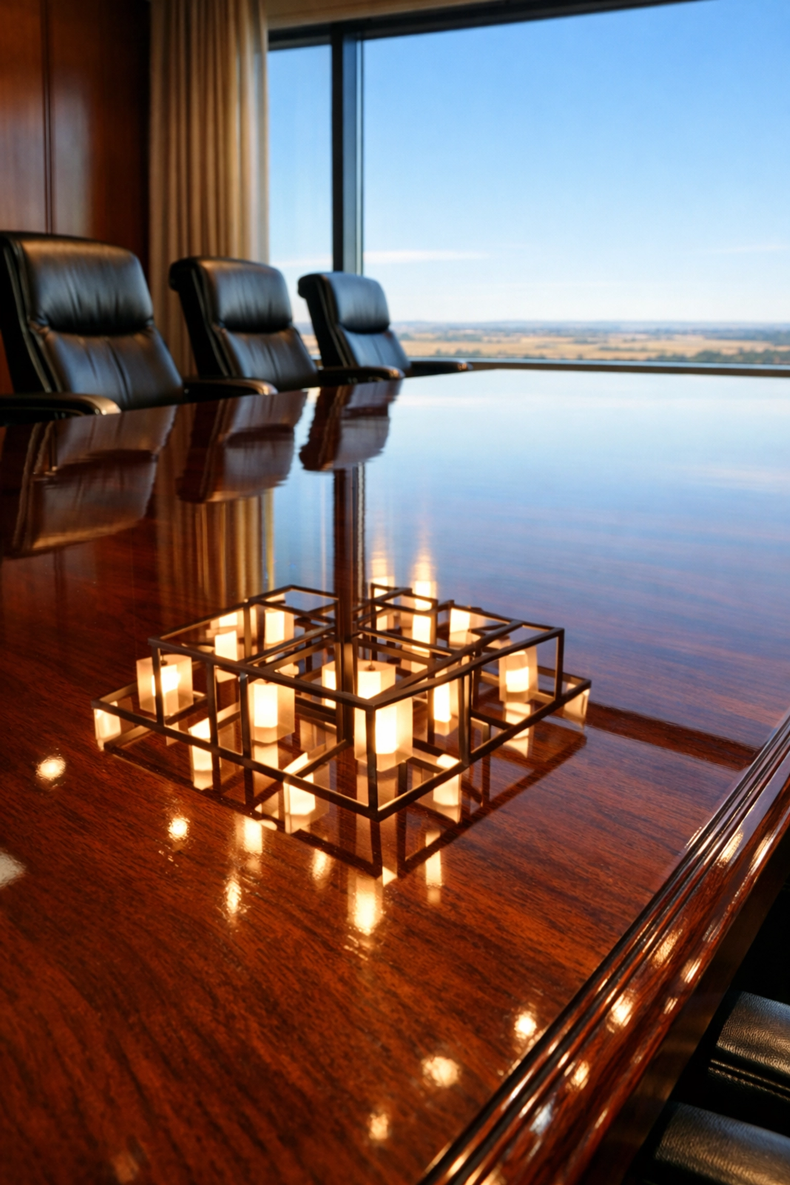Polished mahogany boardroom table highlighting professional janitorial quality and attention to detail.