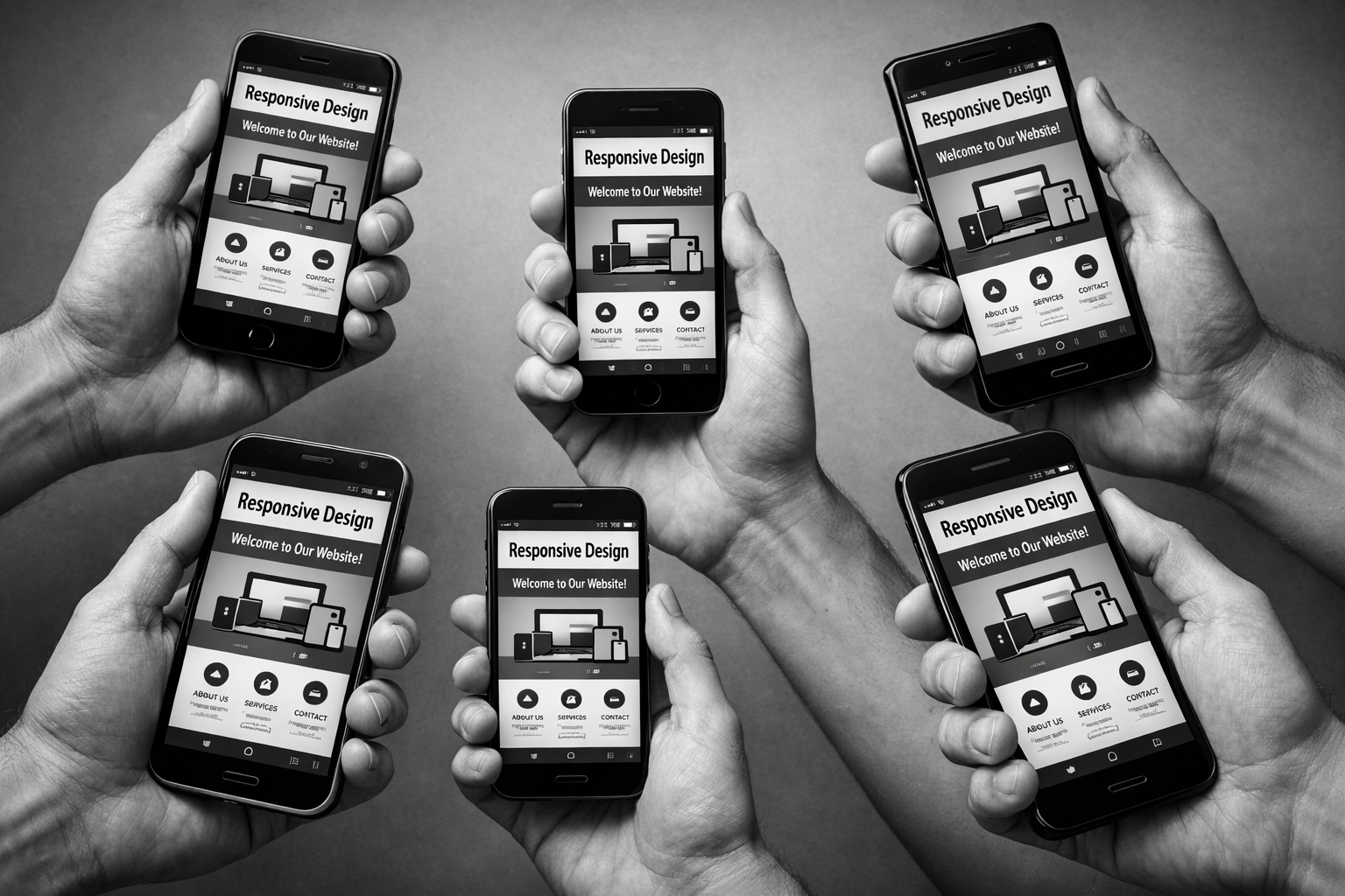 Multiple smartphones showing responsive website design across different mobile devices