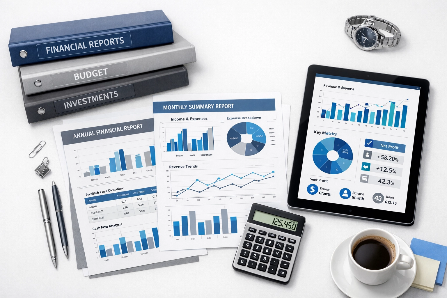 Organized bookkeeping files and financial reports on desk showing professional service results