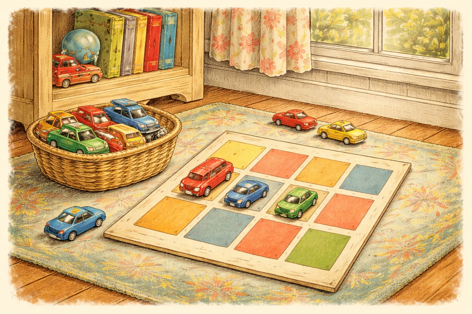 Cozy playroom corner with number parking lot game and basket of toy cars, ideal for kids' learning