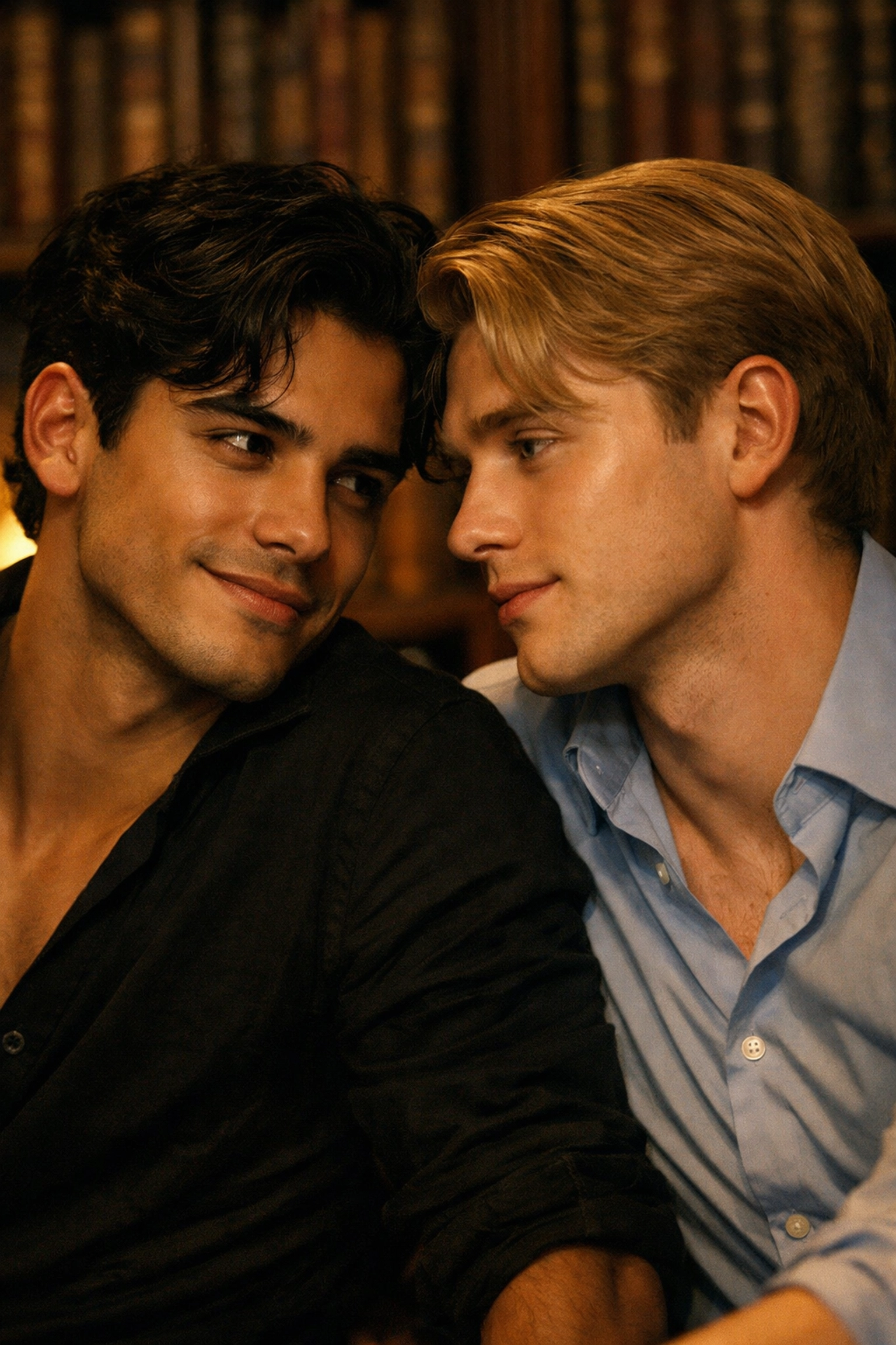 Latino and blonde men sharing an intimate moment in a library, reflecting MM romance book chemistry.