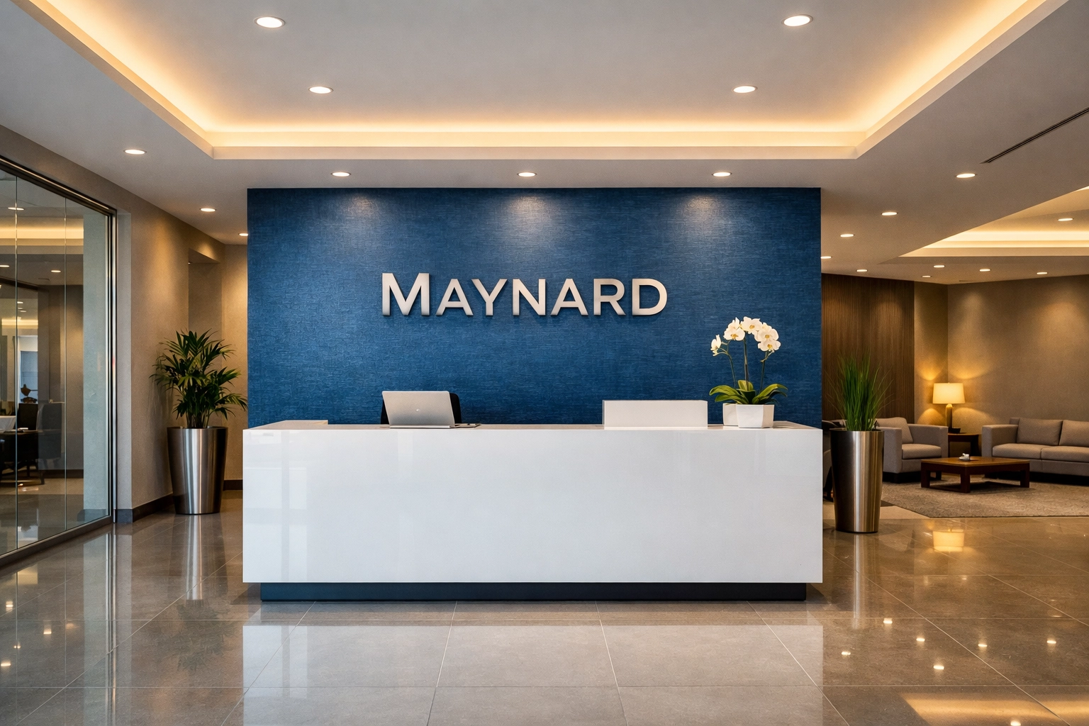Welcoming office lobby in Maynard with spotless floors and a professional reception area maintained by cleaning services.