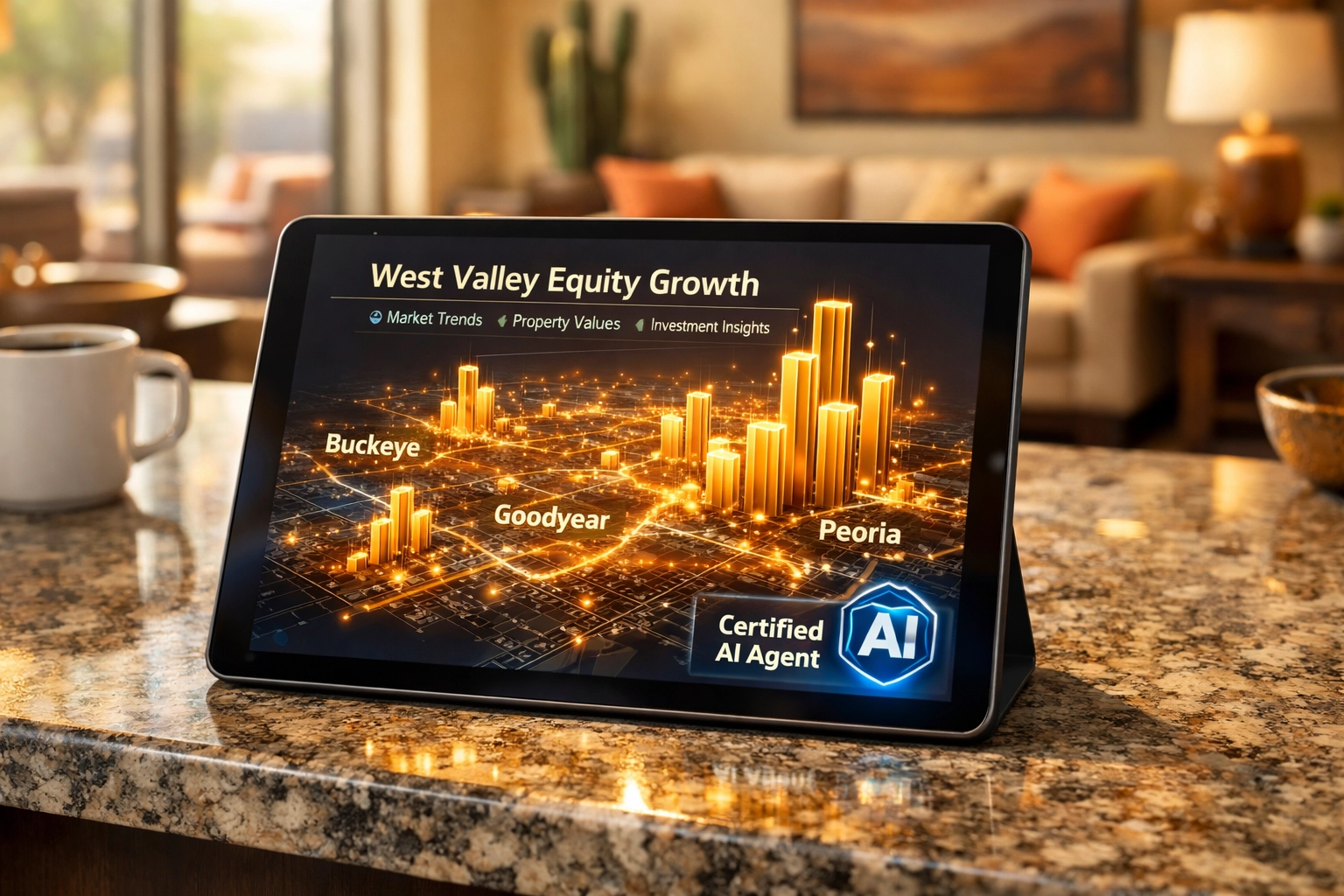 Digital map showing Buckeye real estate equity growth used by a certified AI marketing agent to maximize home value. Digital map showing Buckeye real estate equity growth used by a certified AI marketing agent to maximize home value.