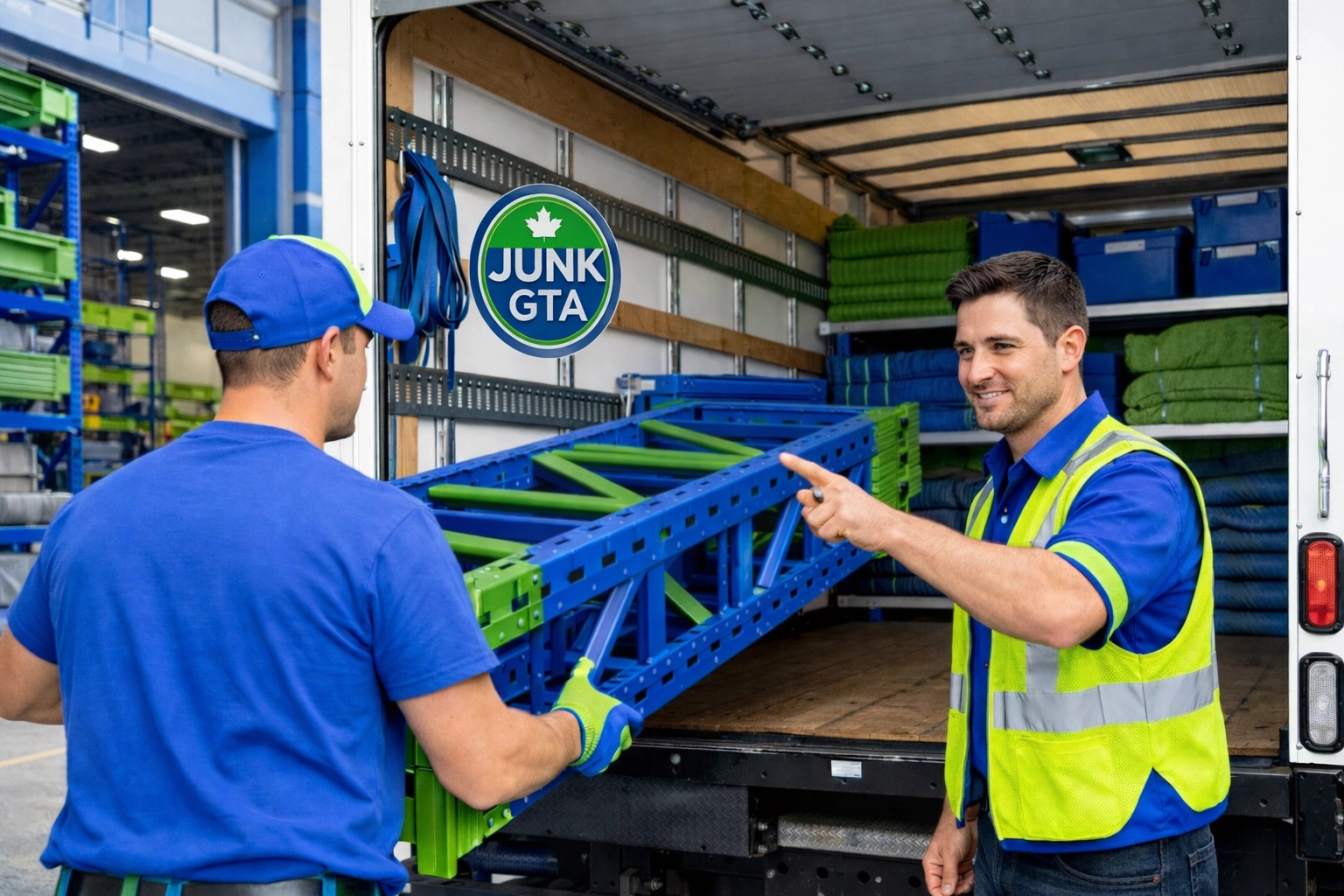 Warehouse Junk Disposal Vaughan: Maximize Your Operations Junk GTA owner Roman and a crew member performing warehouse junk disposal in Vaughan, loading industrial metal racking.