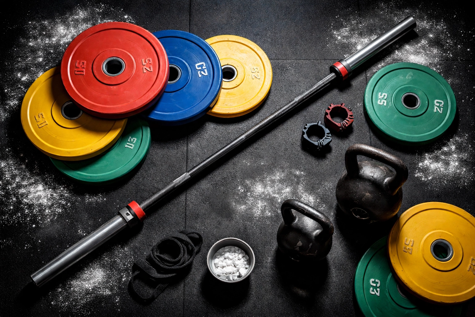 Flat-lay of CrossFit home gym equipment with bumper plates, Olympic barbell, and kettlebells on a rubber mat.