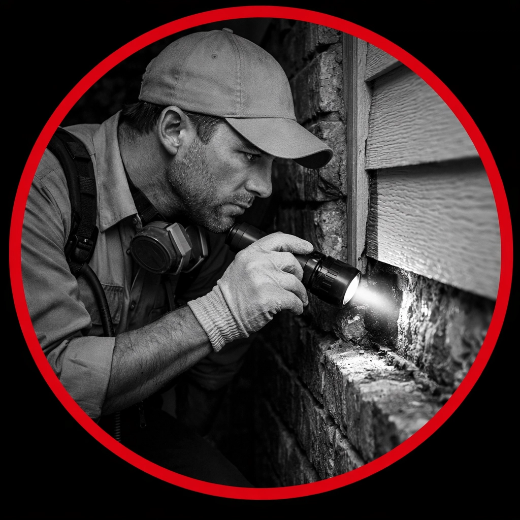 Professional pest control technician performing home exclusion inspection in Coolidge.