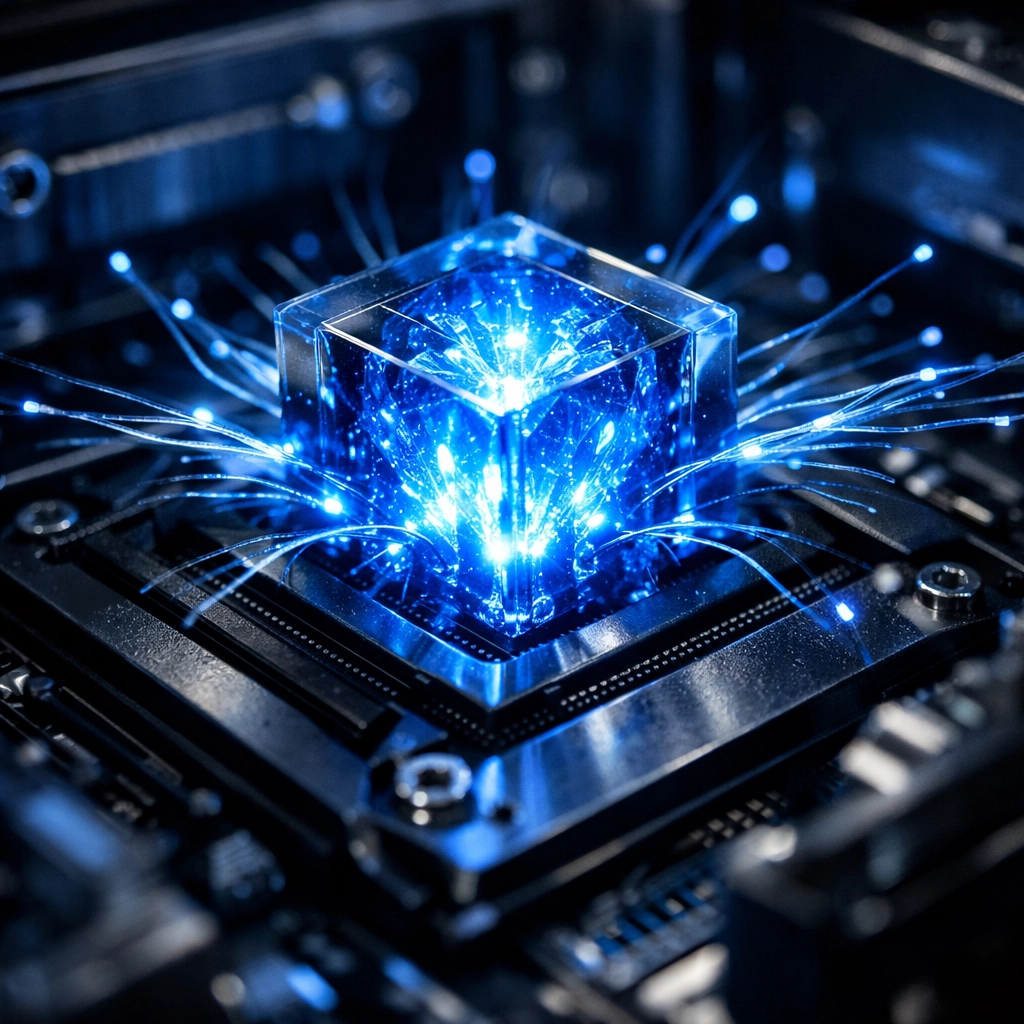 A glowing AI processor core representing advanced cybersecurity for business and autonomous threat detection.