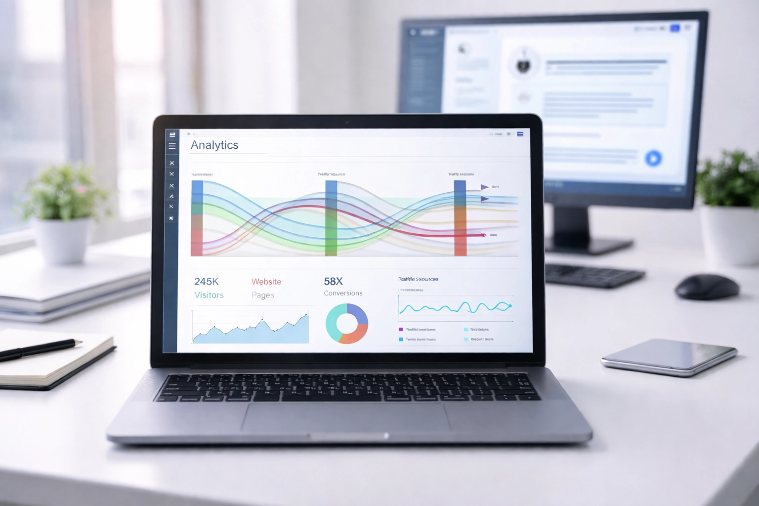 GA4 analytics dashboard displaying traffic data with AI assistant interface in background