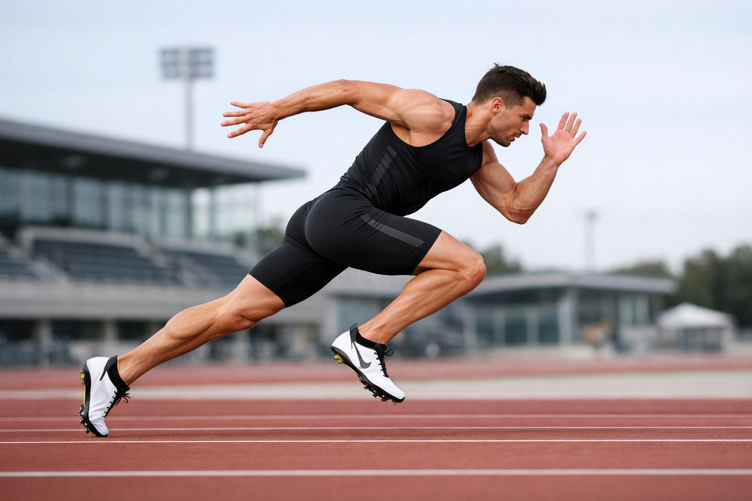 Male athlete sprinting to demonstrate optimal biomechanical form and spinal alignment through sports chiropractic.