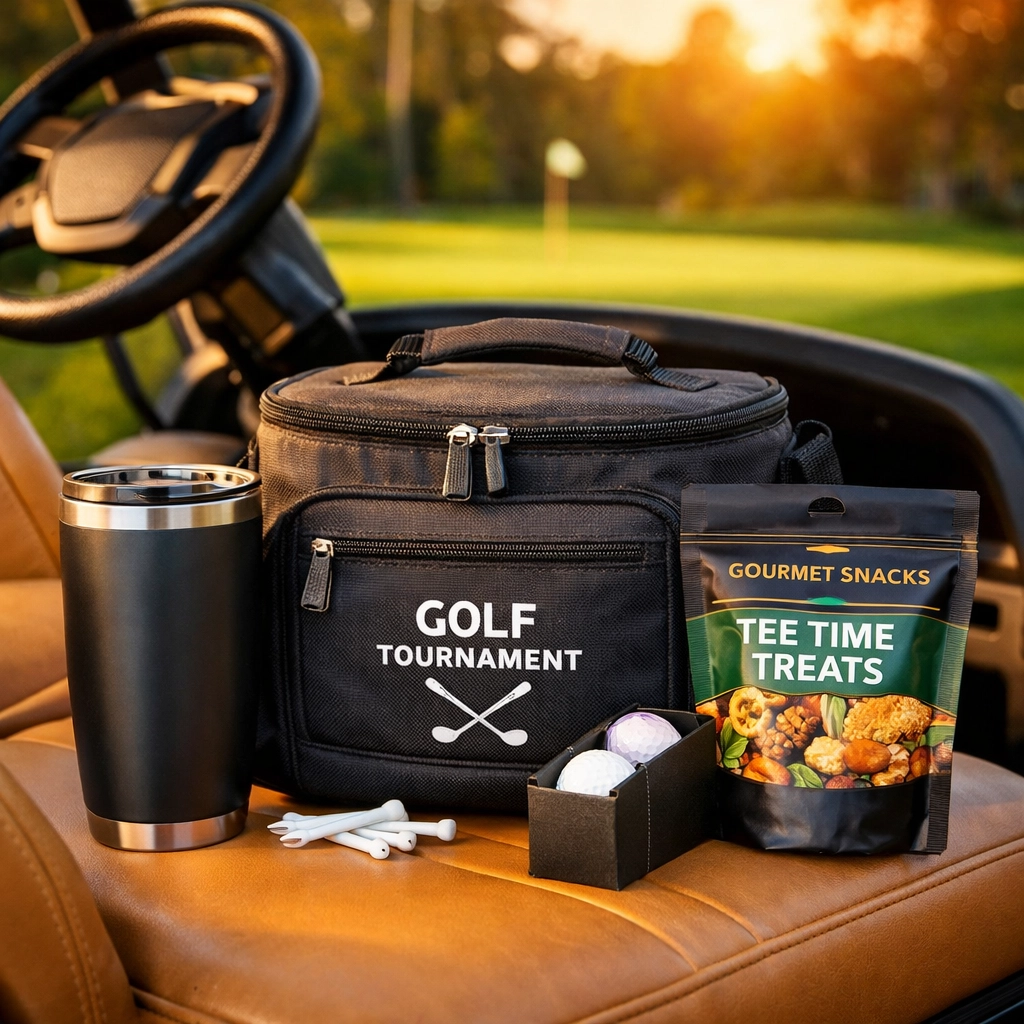 Golf tournament giveaway swag bag featuring an insulated tumbler and cooler on a cart seat.