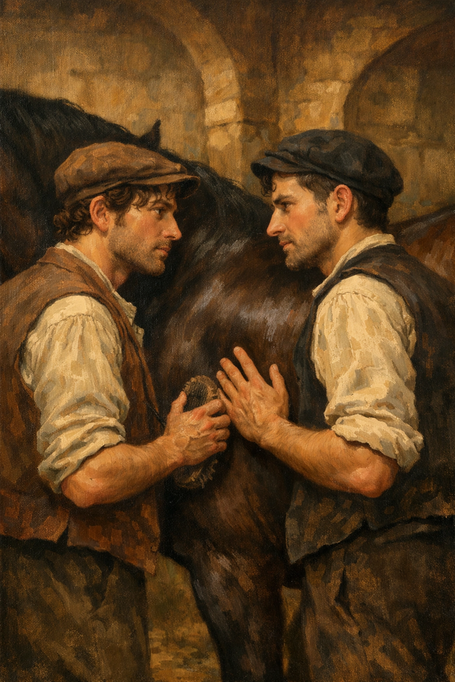 Gay Victorian men sharing a secret look while grooming a horse, a scene from a historical MM romance story.