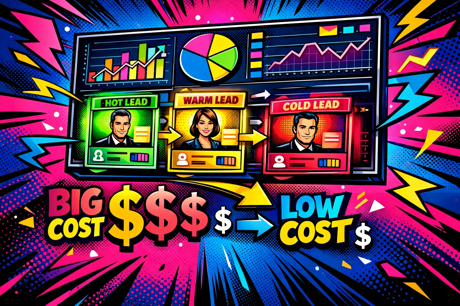 AI lead generation dashboard showing qualified leads, data analytics, and cost savings for small business