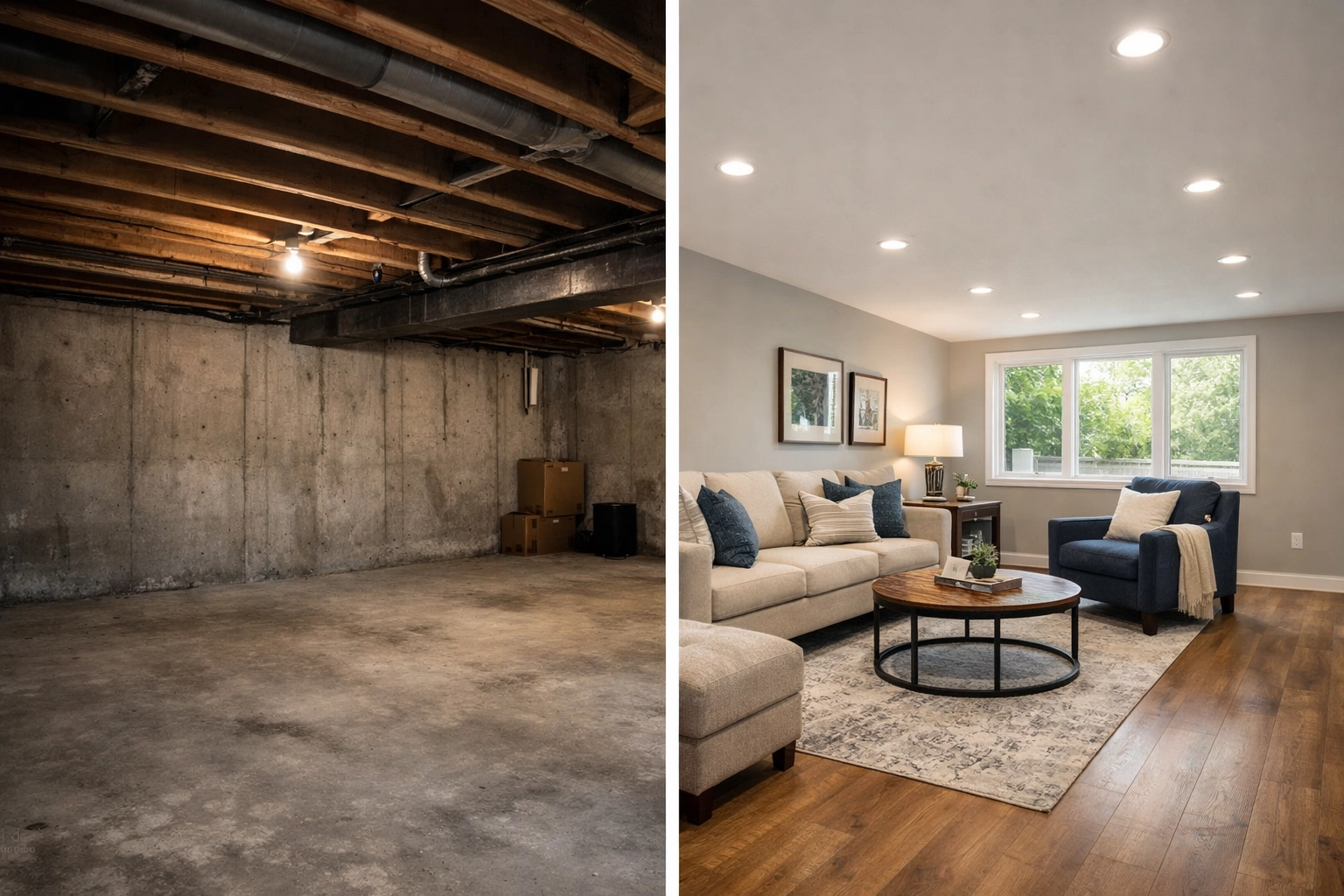 Before and after St. Louis basement remodeling transformation with modern finishes