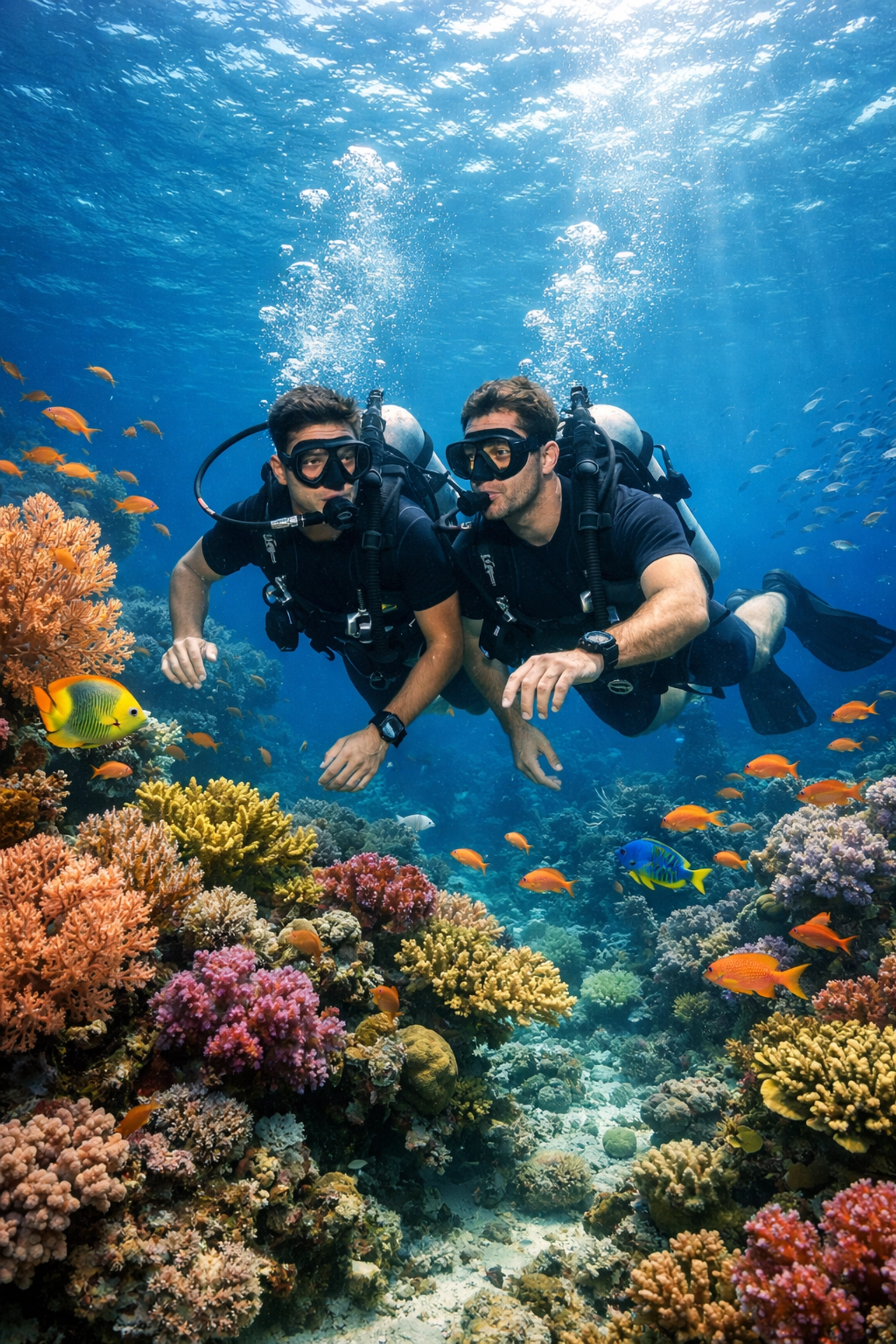 Queer divers exploring vibrant coral reef garden while protecting marine biodiversity