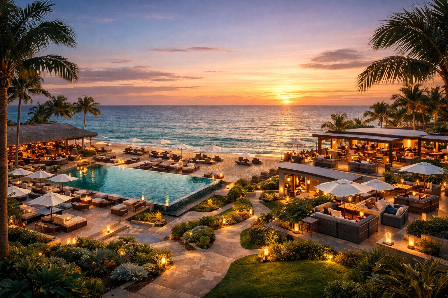 Beachfront resort property with multiple outdoor service areas and pool