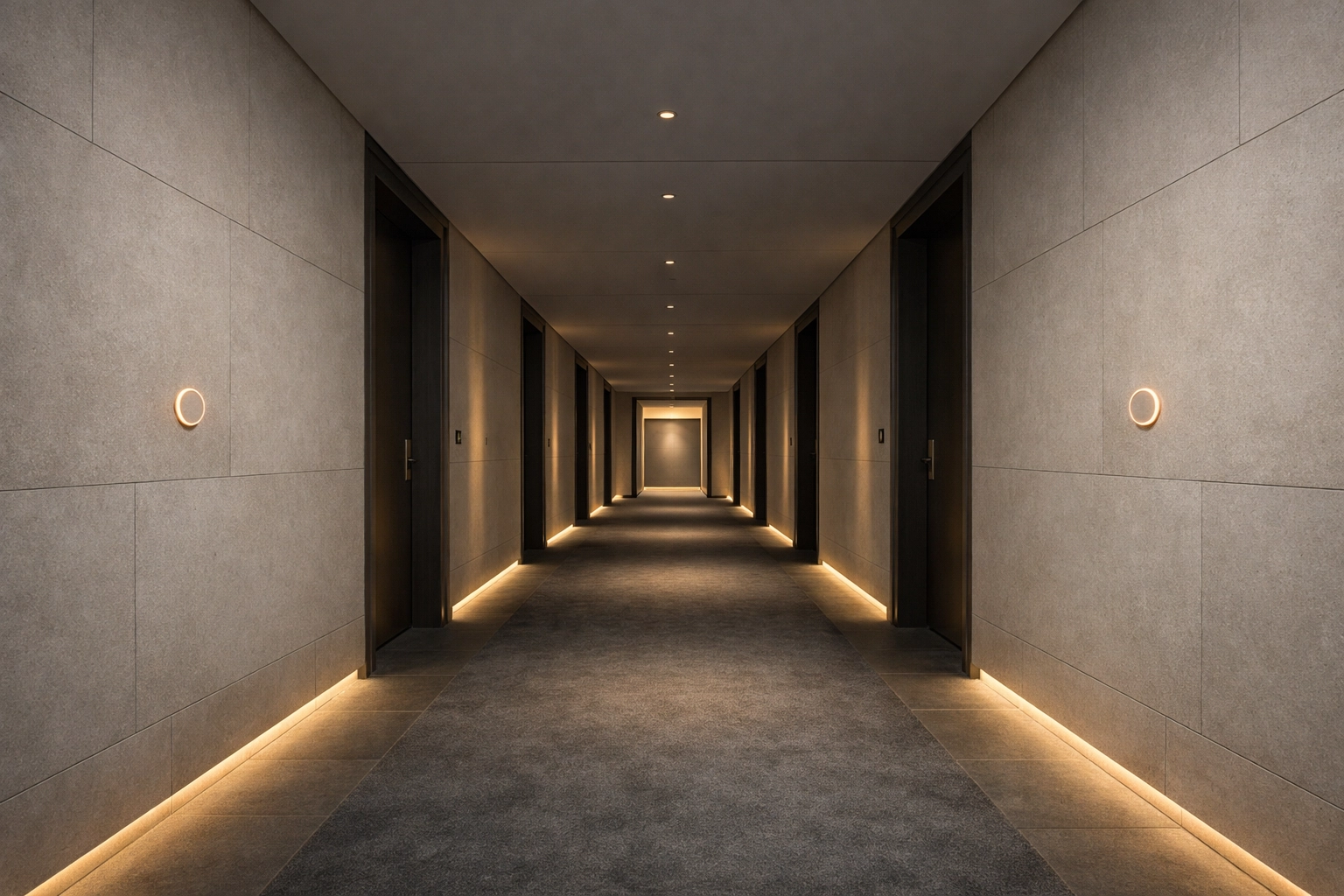 Sleek hotel corridor with integrated AI sensors for predictive maintenance and guest comfort.