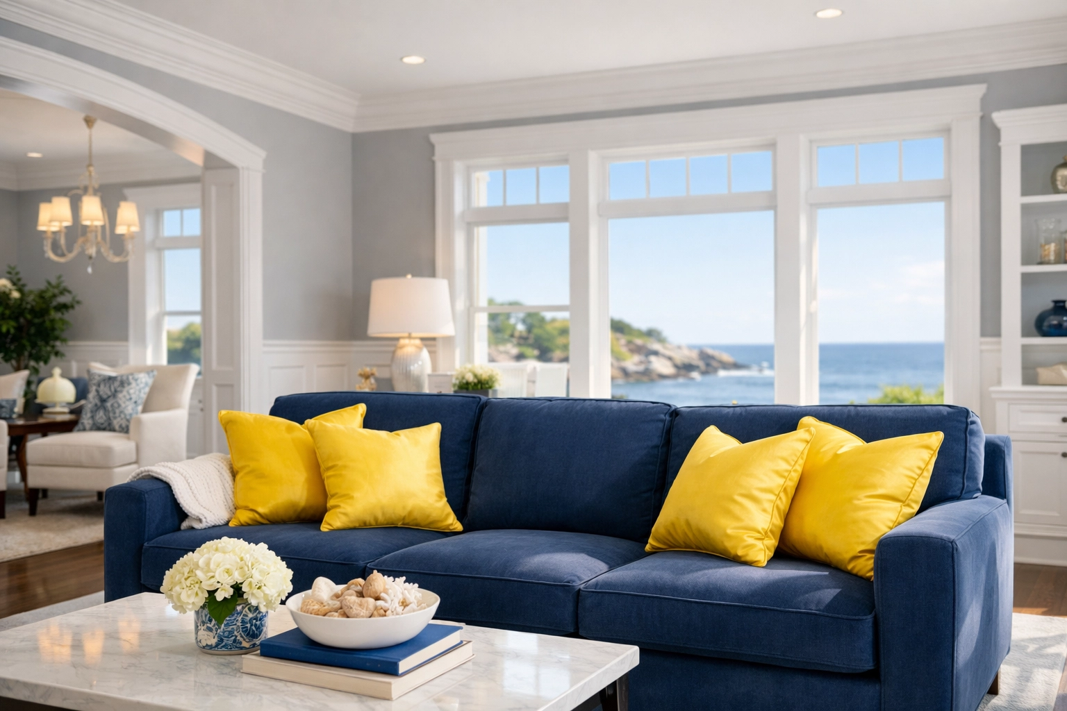 Immaculate coastal living room representing high-end Marblehead home maintenance and estate care.