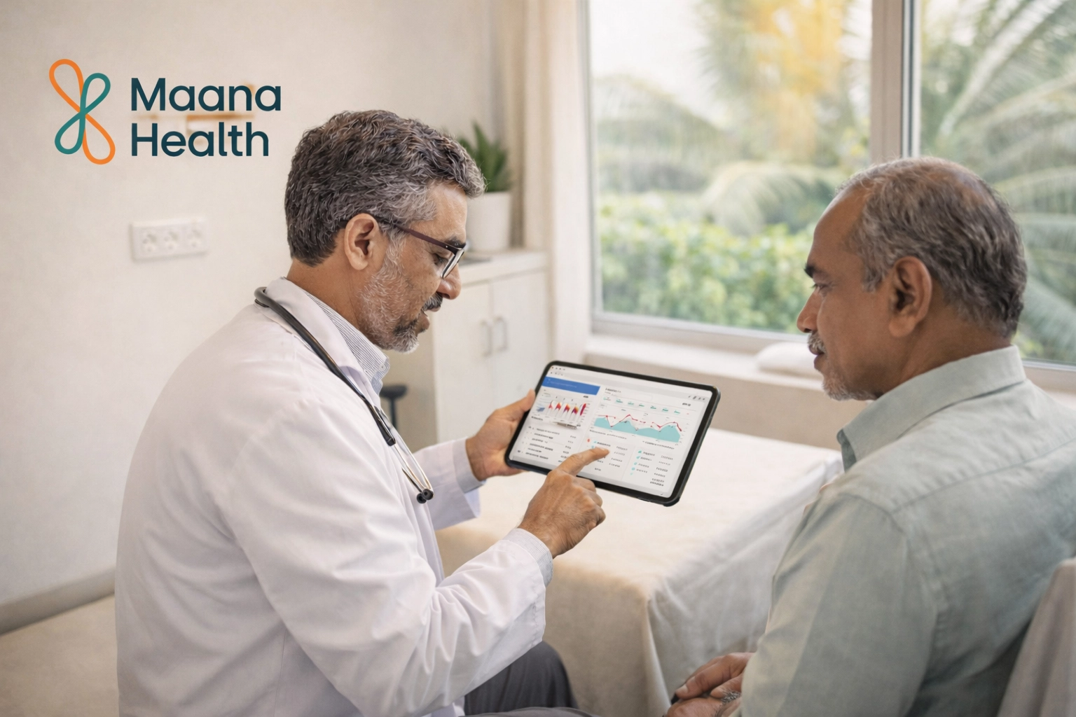 A Maana Health doctor reviews patient data on an advanced diagnostic device for non-invasive evaluation