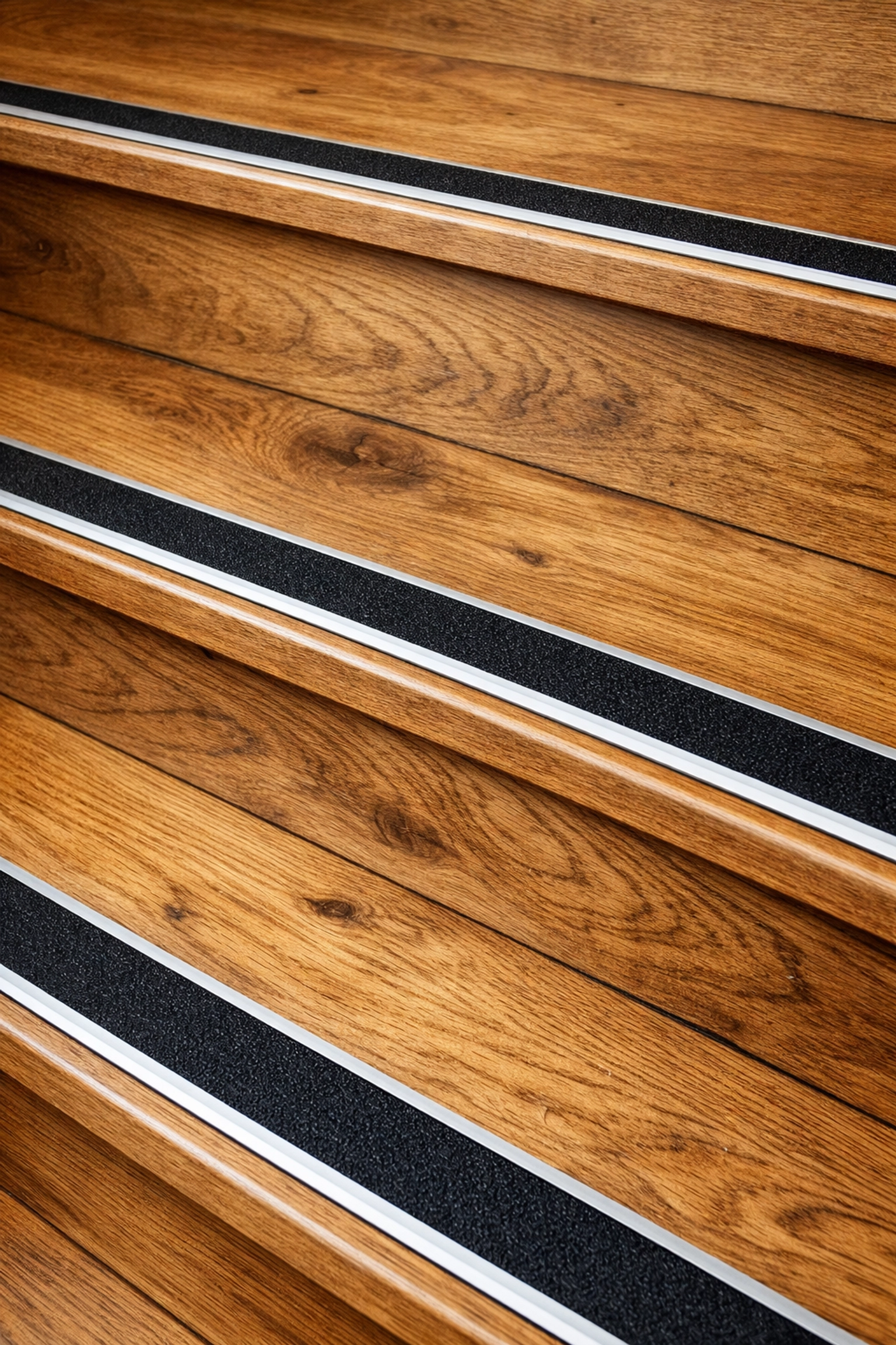 Close-up of wooden steps with high-contrast non-slip strips to clearly mark the edge of each tread.