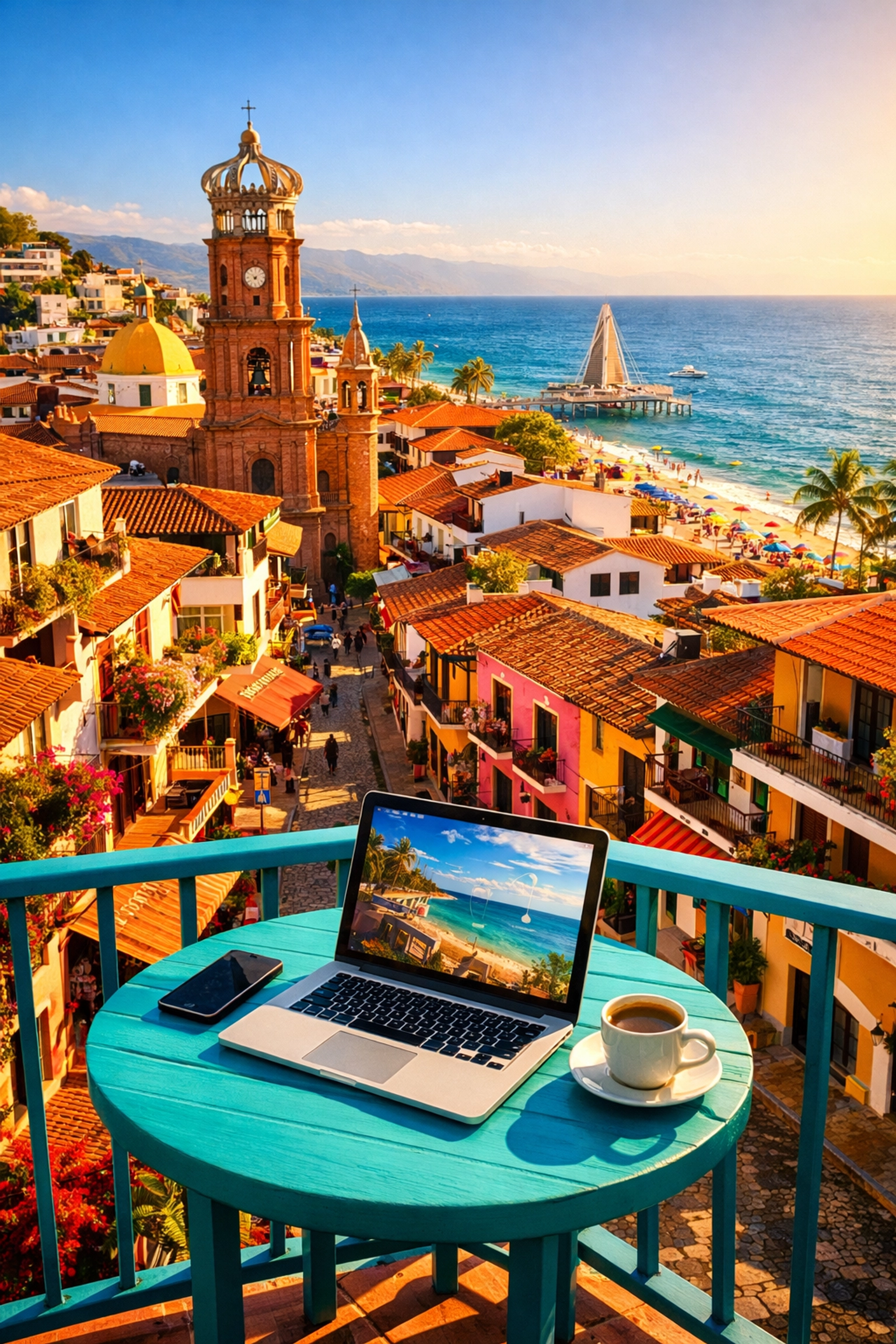 Aerial view of Old Town Puerto Vallarta rental condo balcony with laptop overlooking colorful streets and ocean