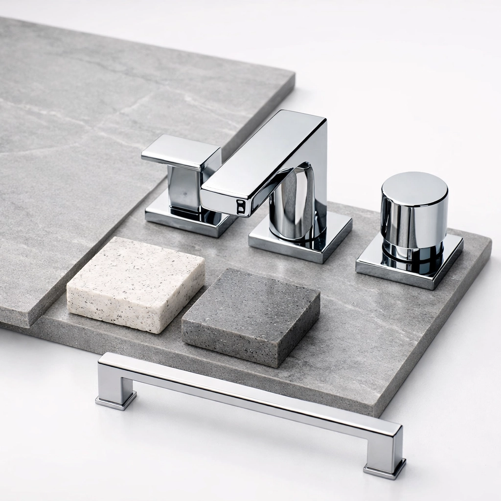 Premium bathroom renovation materials including porcelain tile, chrome fixtures, and quartz countertops