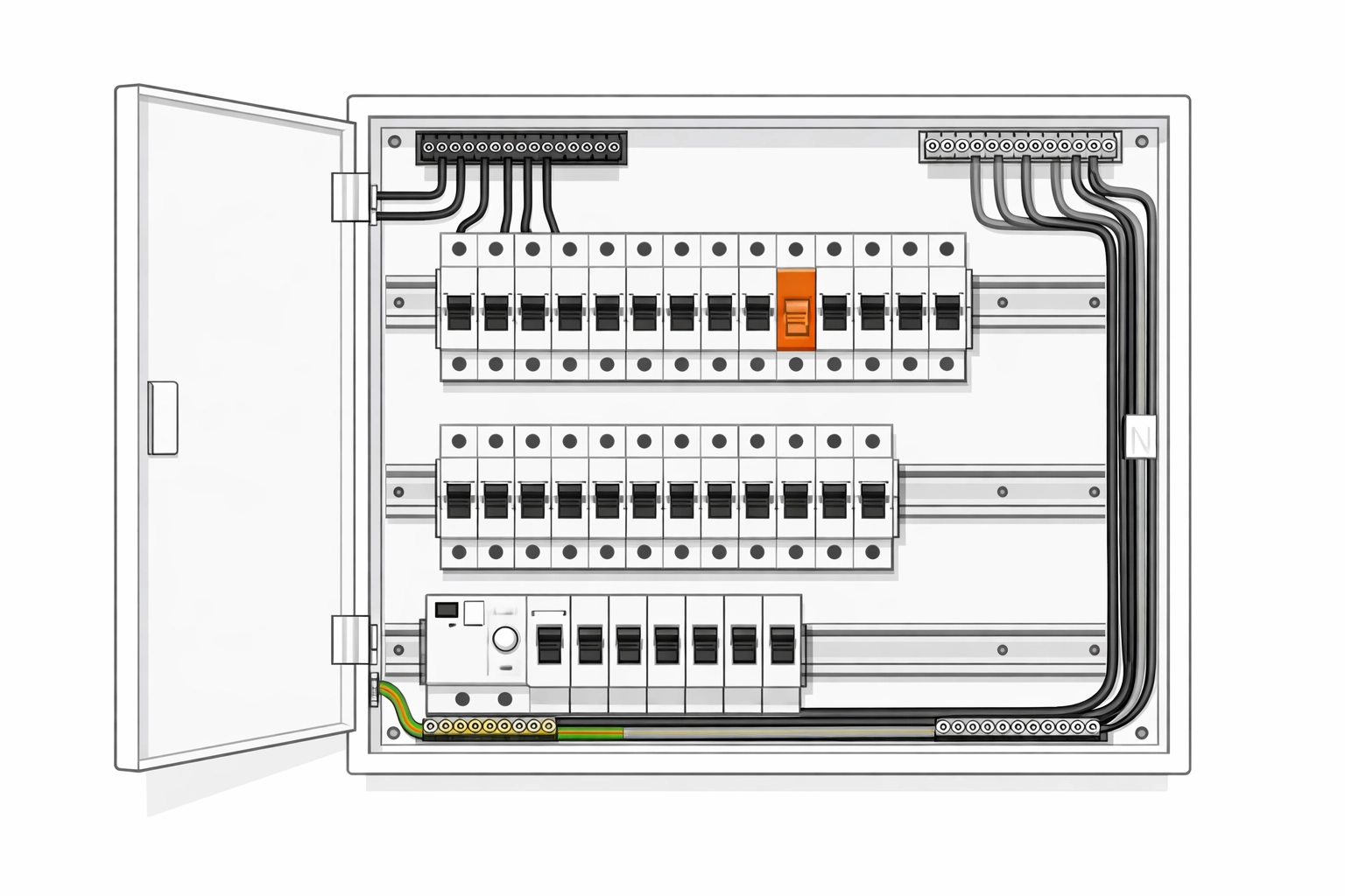Offener Elektro-Verteilerkasten mit Sicherungen für den schnellen Elektriker Notdienst in Wien.