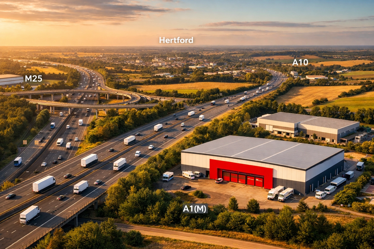 Aerial view of Hertford storage facilities near A1 motorway transport corridor