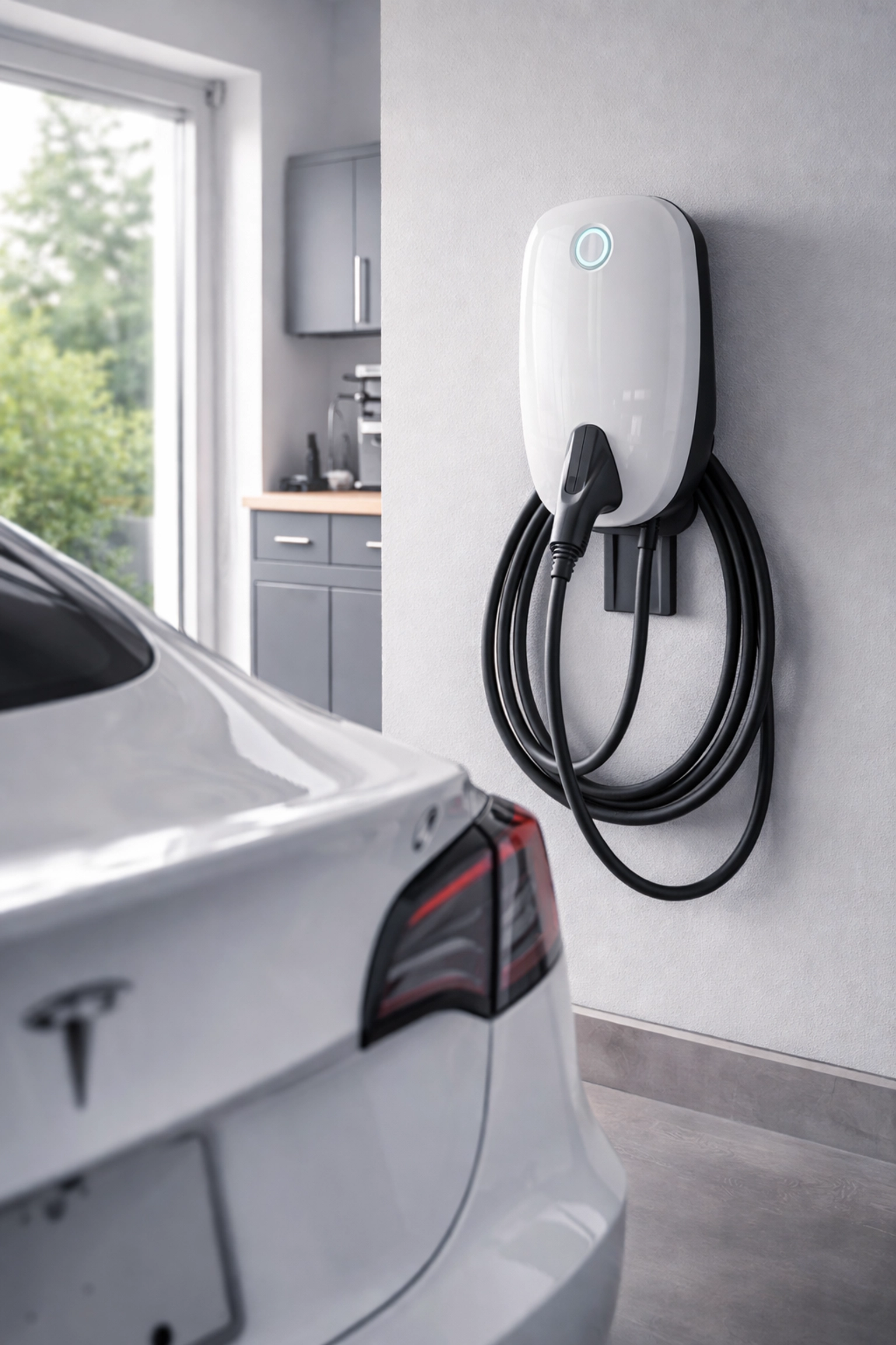 Level 2 EV charger installed in a modern SoCal home garage with electric vehicle charging