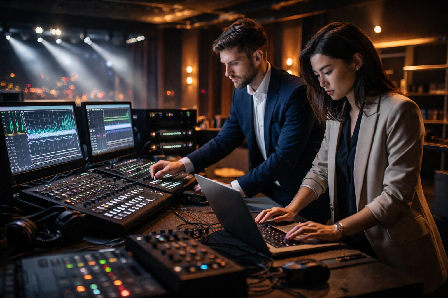 Event staff preparing sound and lighting equipment before a corporate gathering in a modern city venue.