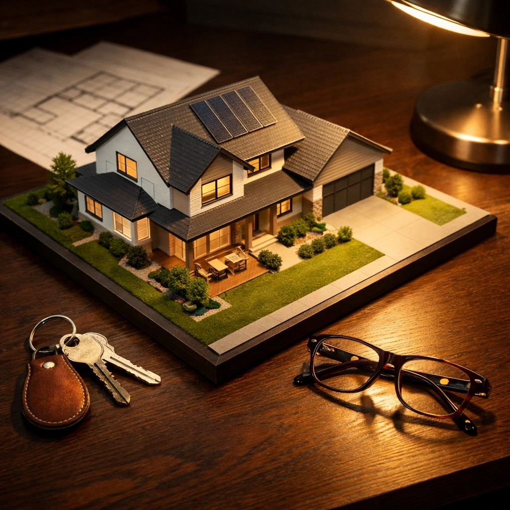 Miniature home model and keys on a desk, symbolizing real estate investment and tax strategy.