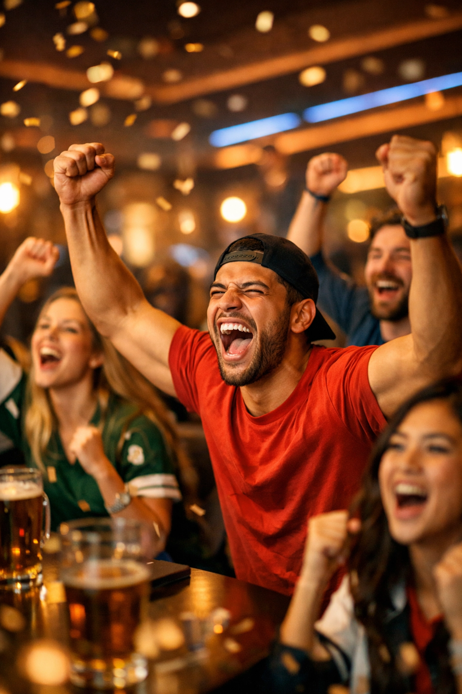 Energetic sports fans cheering in a lounge, illustrating positive brand sentiment and audience engagement.