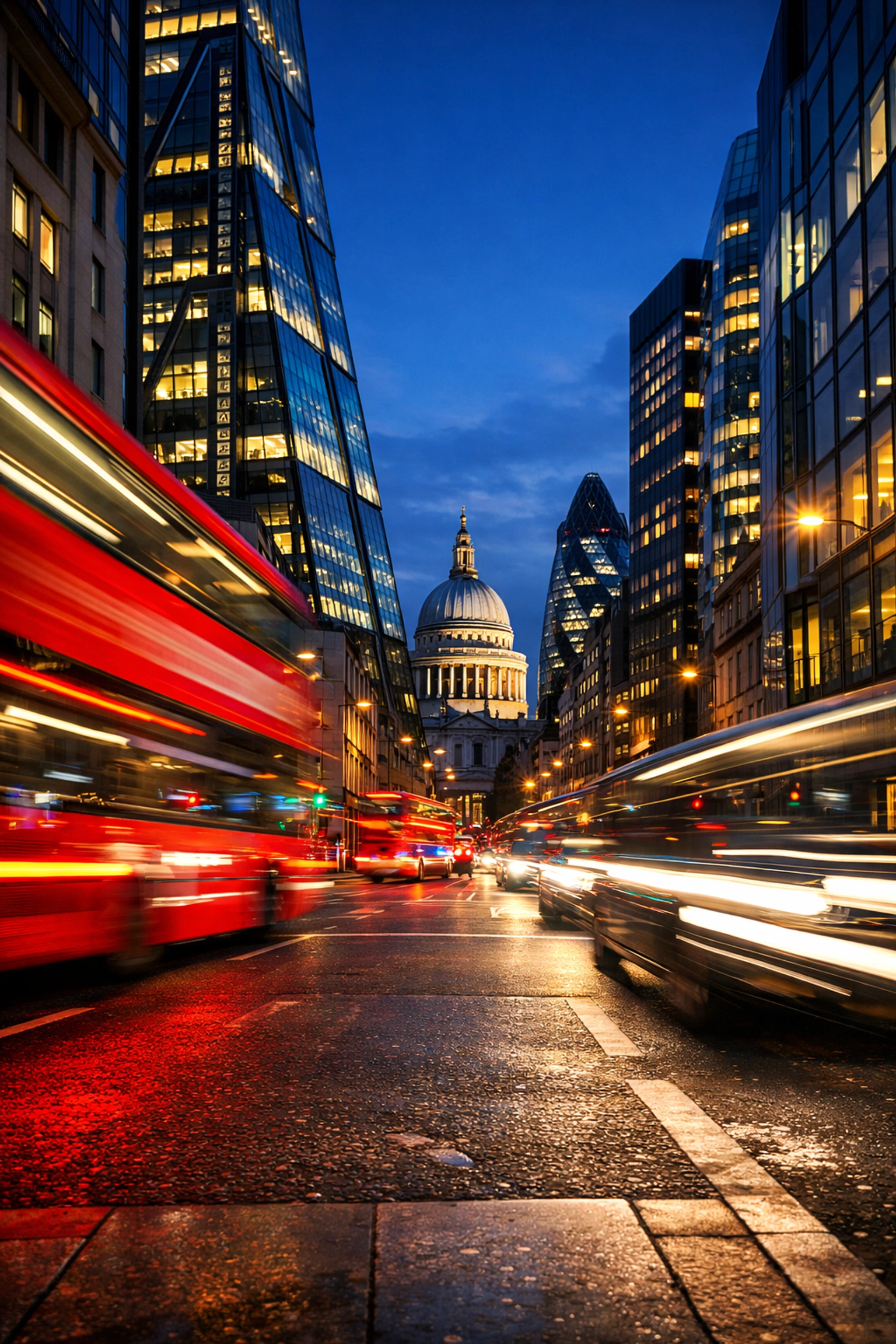 Busy City of London financial district at night, representing the global hub of international business time.