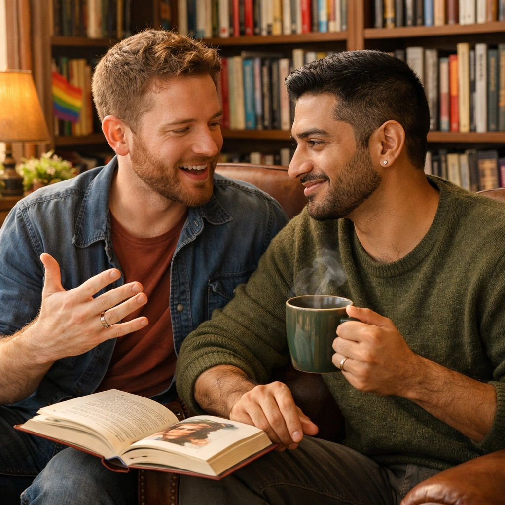 Members of a gay book club discussing an MM romance novel in a cozy, sun-filled library.