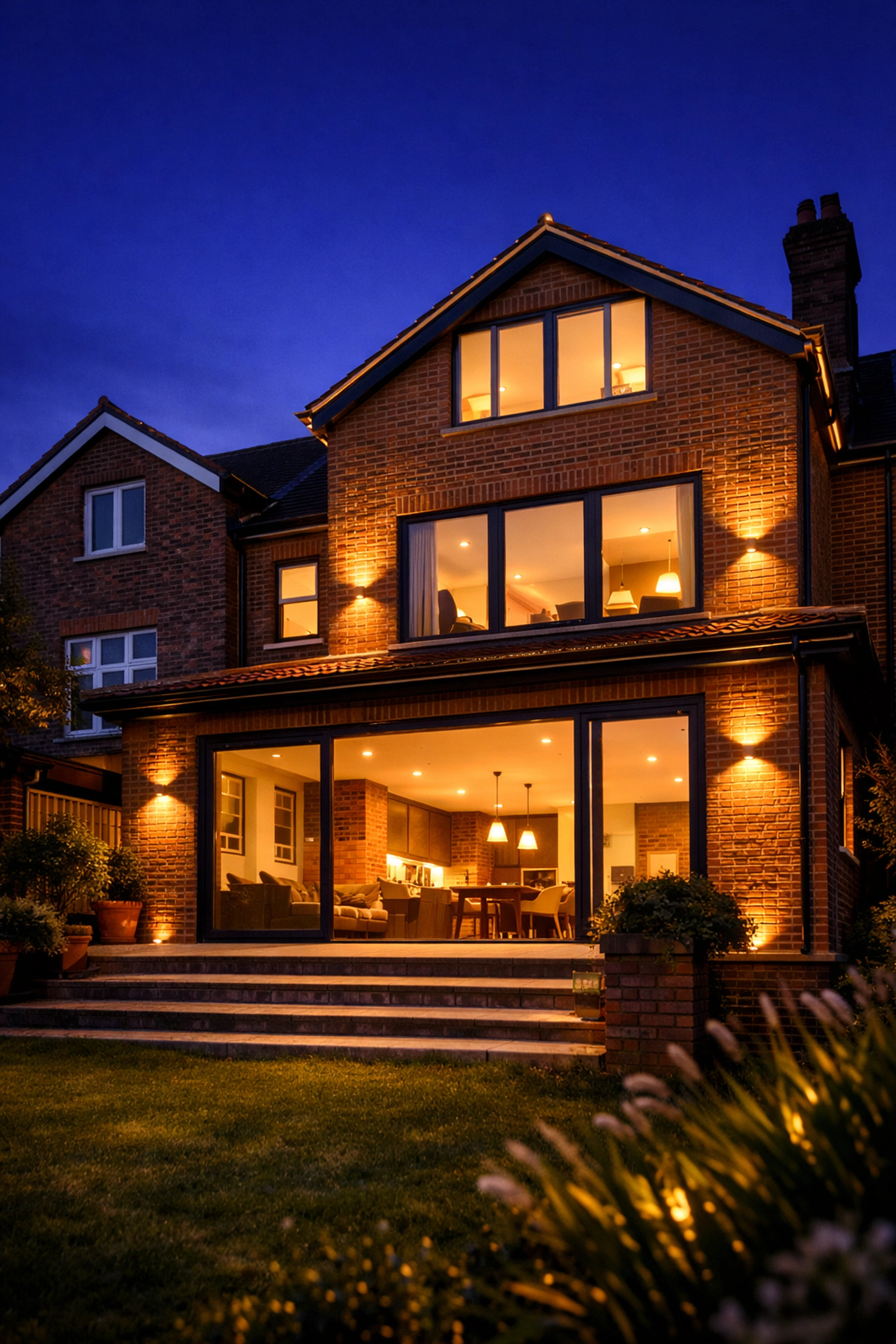 A two-storey rear house extension with matching brickwork and warm interior lighting at twilight.