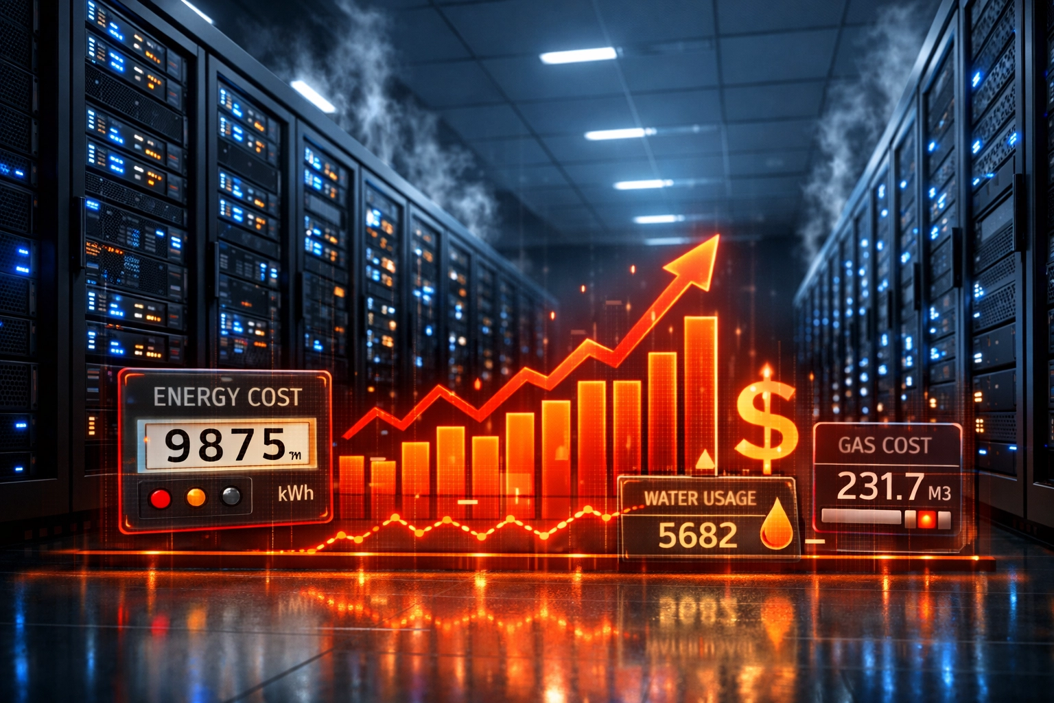 On-premise server room showing rising infrastructure and cooling costs for ERP systems