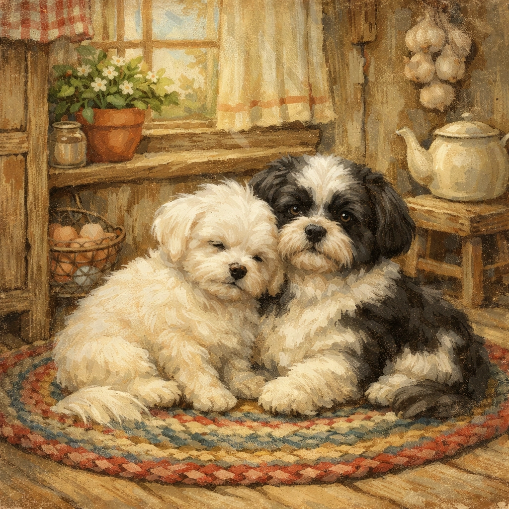 Milo the Maltese and Panda Bear the Shih Tzu sitting together in a cozy kitchen.