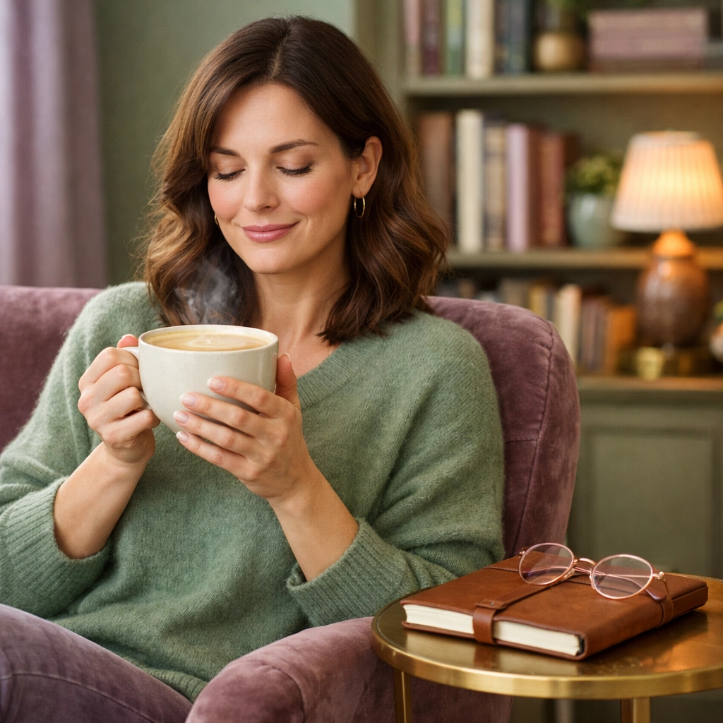 Serene woman journaling in a library, practicing mindful personal growth and self-belief rituals.