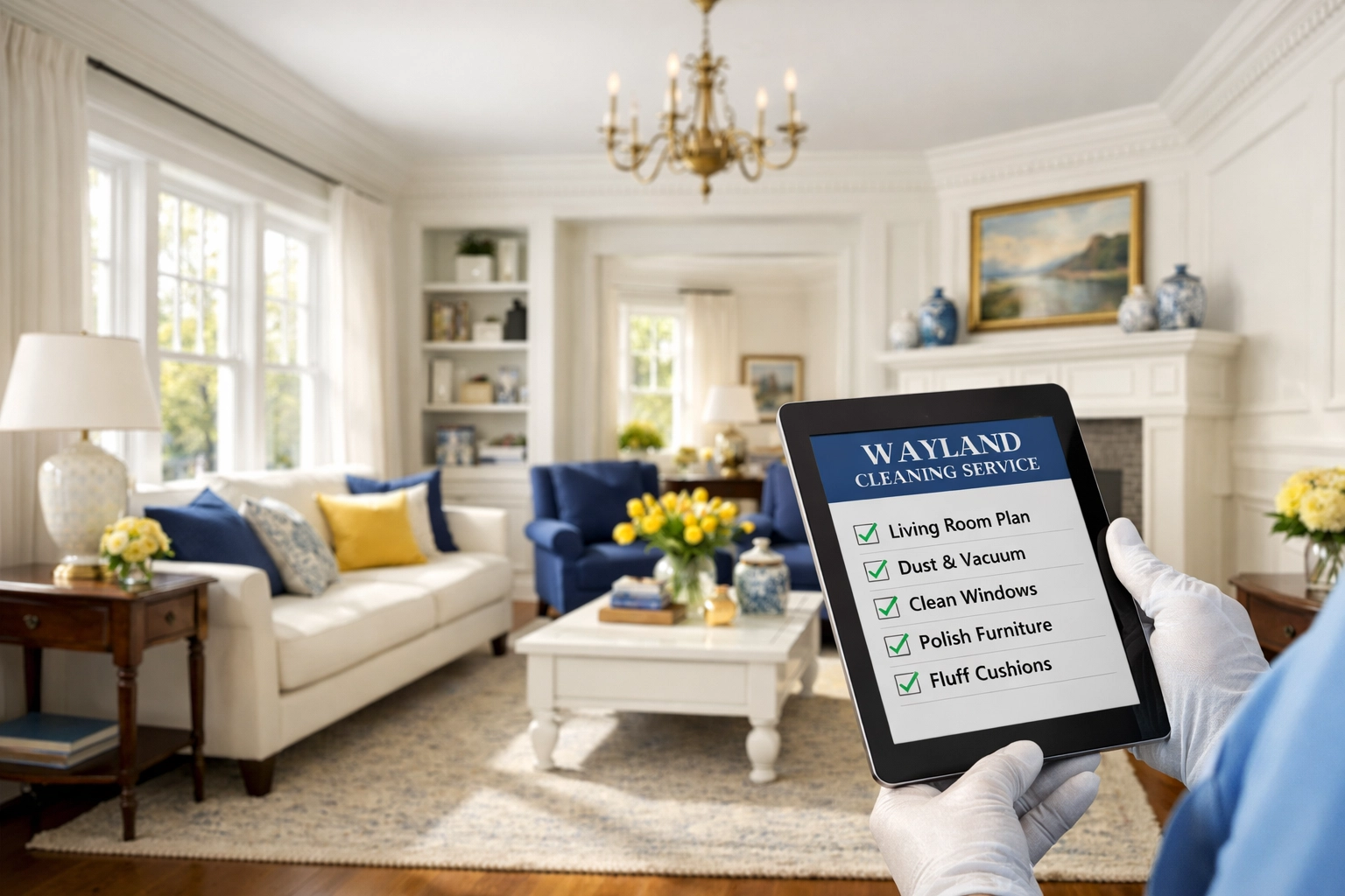 Professional cleaner assessing a high-end Wayland living room for a customized residential cleaning plan.