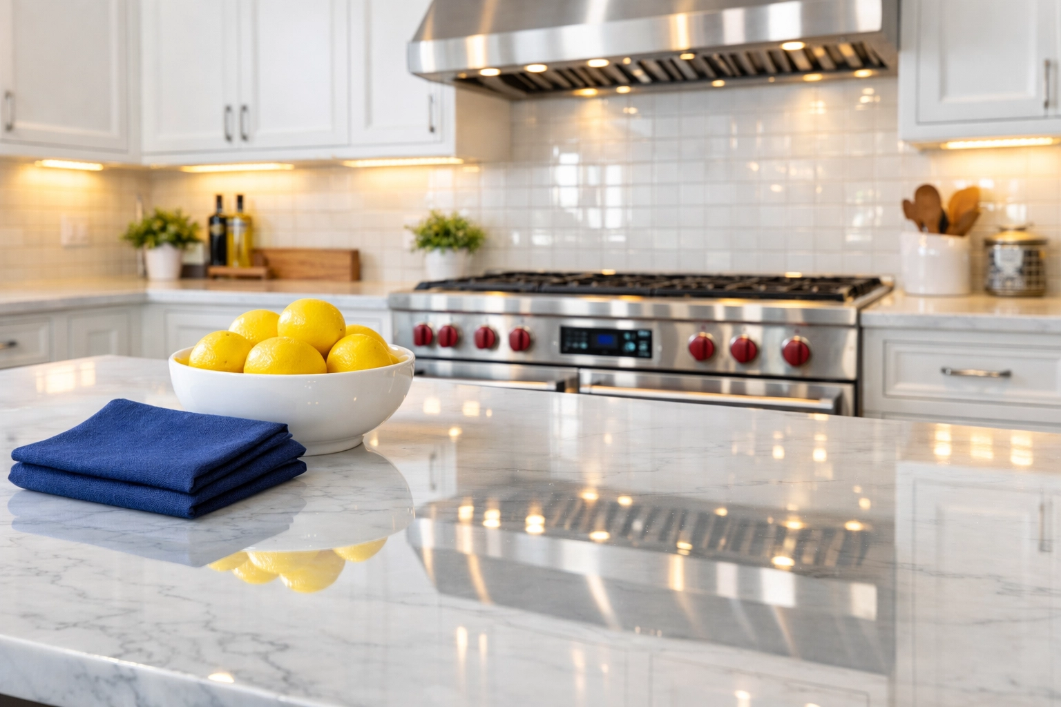 Spotless kitchen with marble counters after professional house cleaning in Watertown, MA by The Cleaning Ninjas.