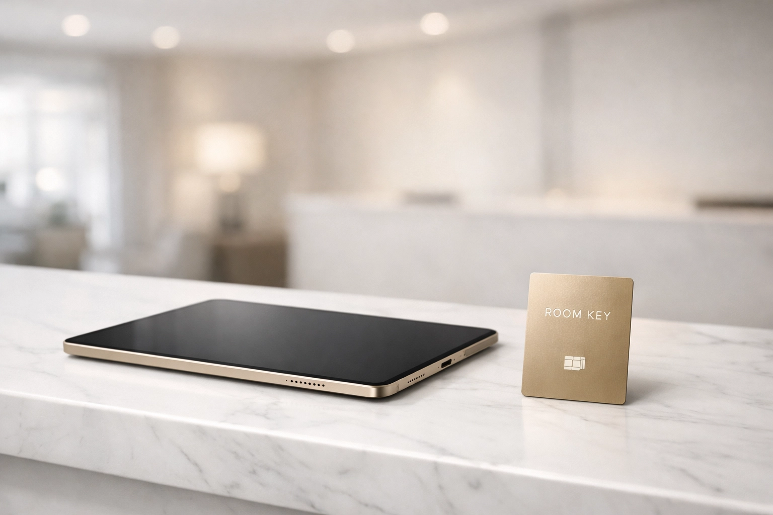 A sleek tablet on a marble concierge desk representing modern, integrated boutique hotel management software.